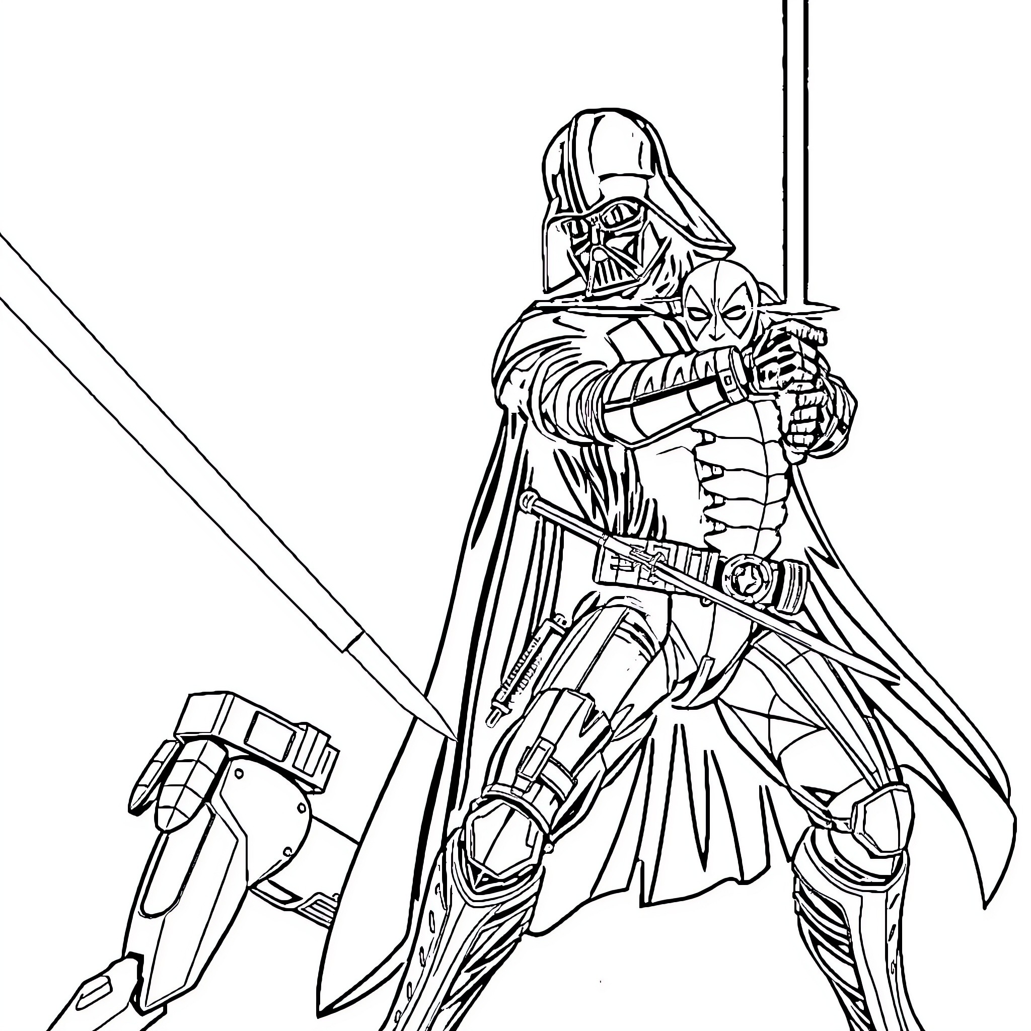 Darth Vader in Menacing Battle Pose Coloring Page (free black-and-white line drawing printable PDF for all, from beginners to advanced learners, including children, teens, adults, and seniors)