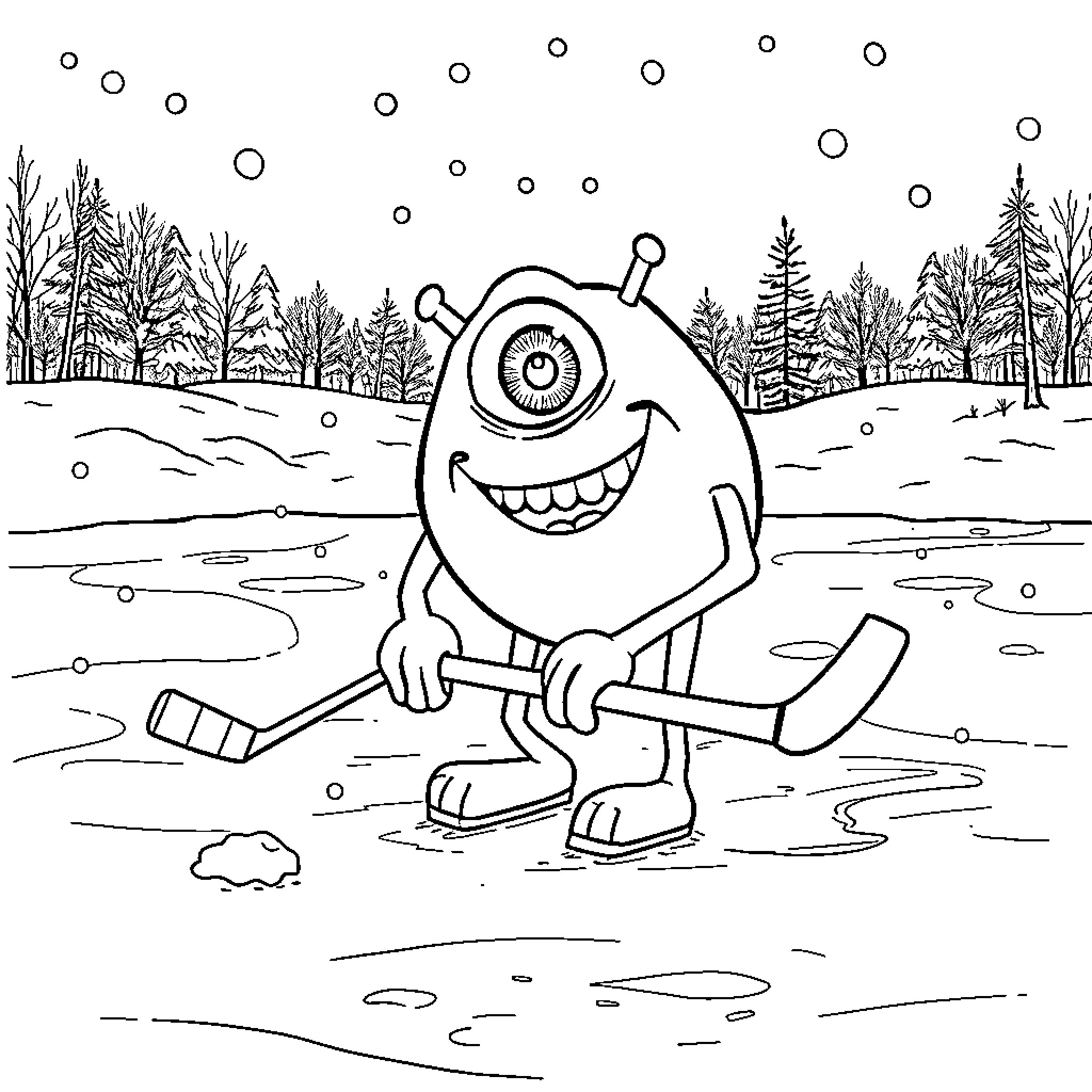 Mike Wazowski plays hockey in winter wonderland Coloring Page (free black-and-white line drawing printable PDF for all, from beginners to advanced learners, including children, teens, adults, and seniors)