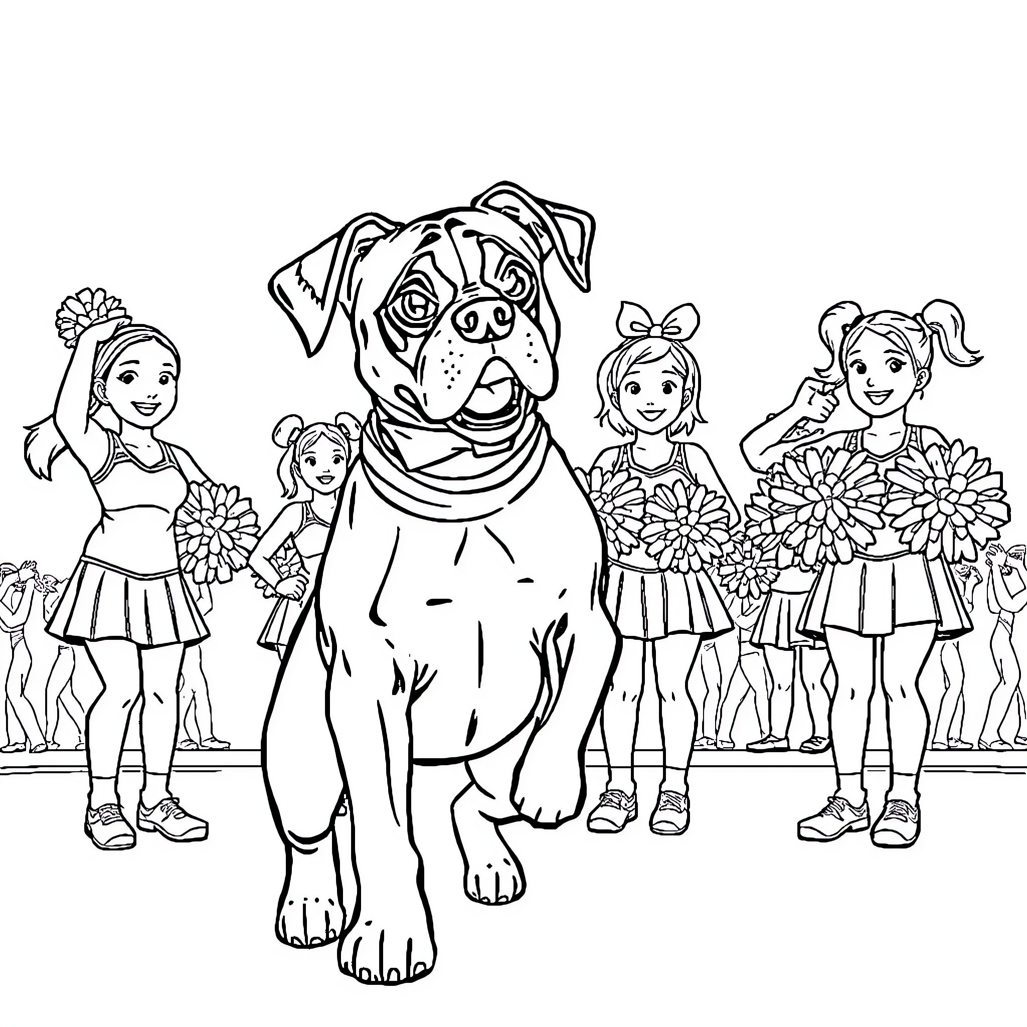 Boxer dog with cheerleaders in sports uniforms Coloring Page (free black-and-white line drawing printable PDF for all, from beginners to advanced learners, including children, teens, adults, and seniors)