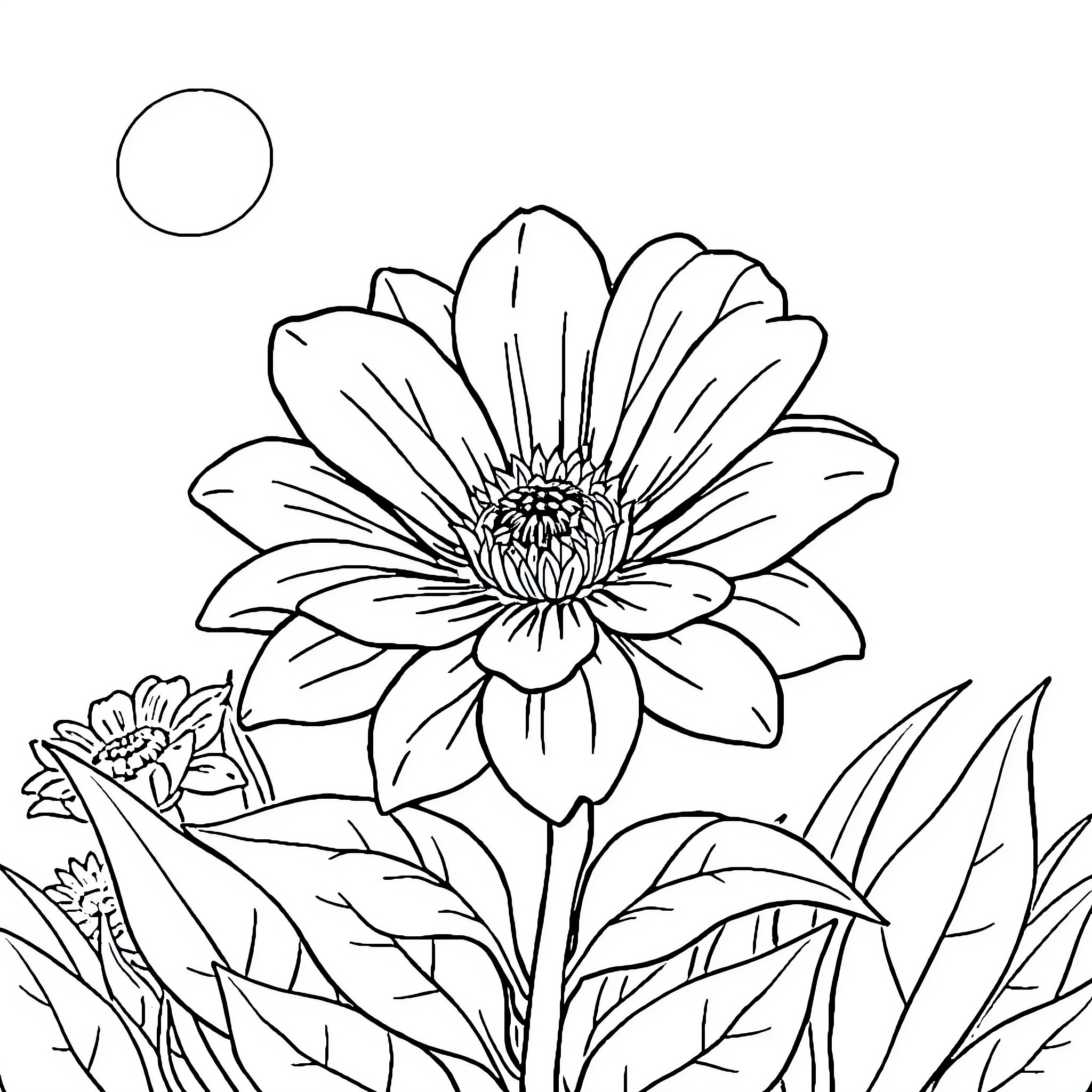 Flower blooming beautifully in the garden Coloring Page (free black-and-white line drawing printable PDF for all, from beginners to advanced learners, including children, teens, adults, and seniors)