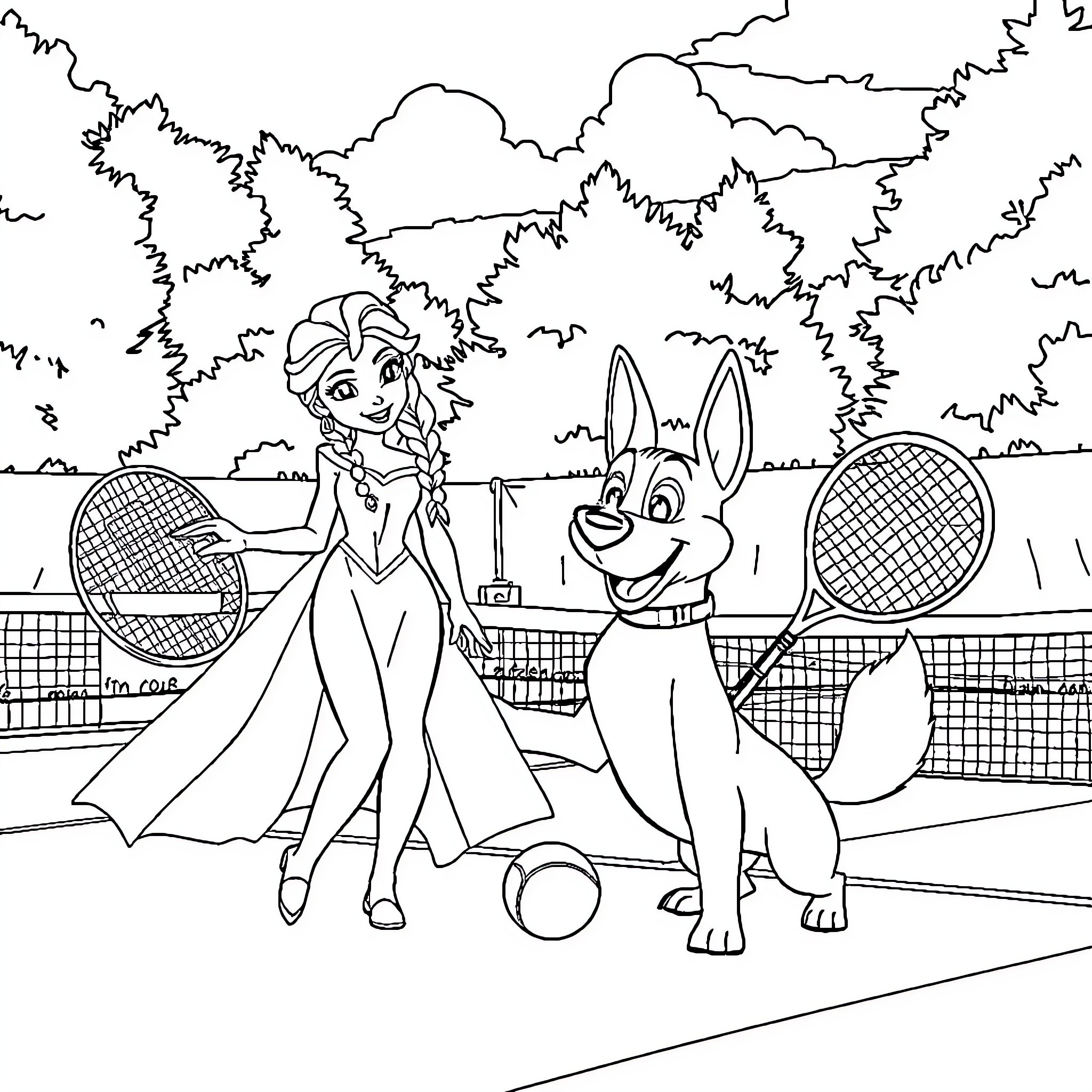 Elsa and Thumper playing tennis on the court Coloring Page (free black-and-white line drawing printable PDF for all, from beginners to advanced learners, including children, teens, adults, and seniors)