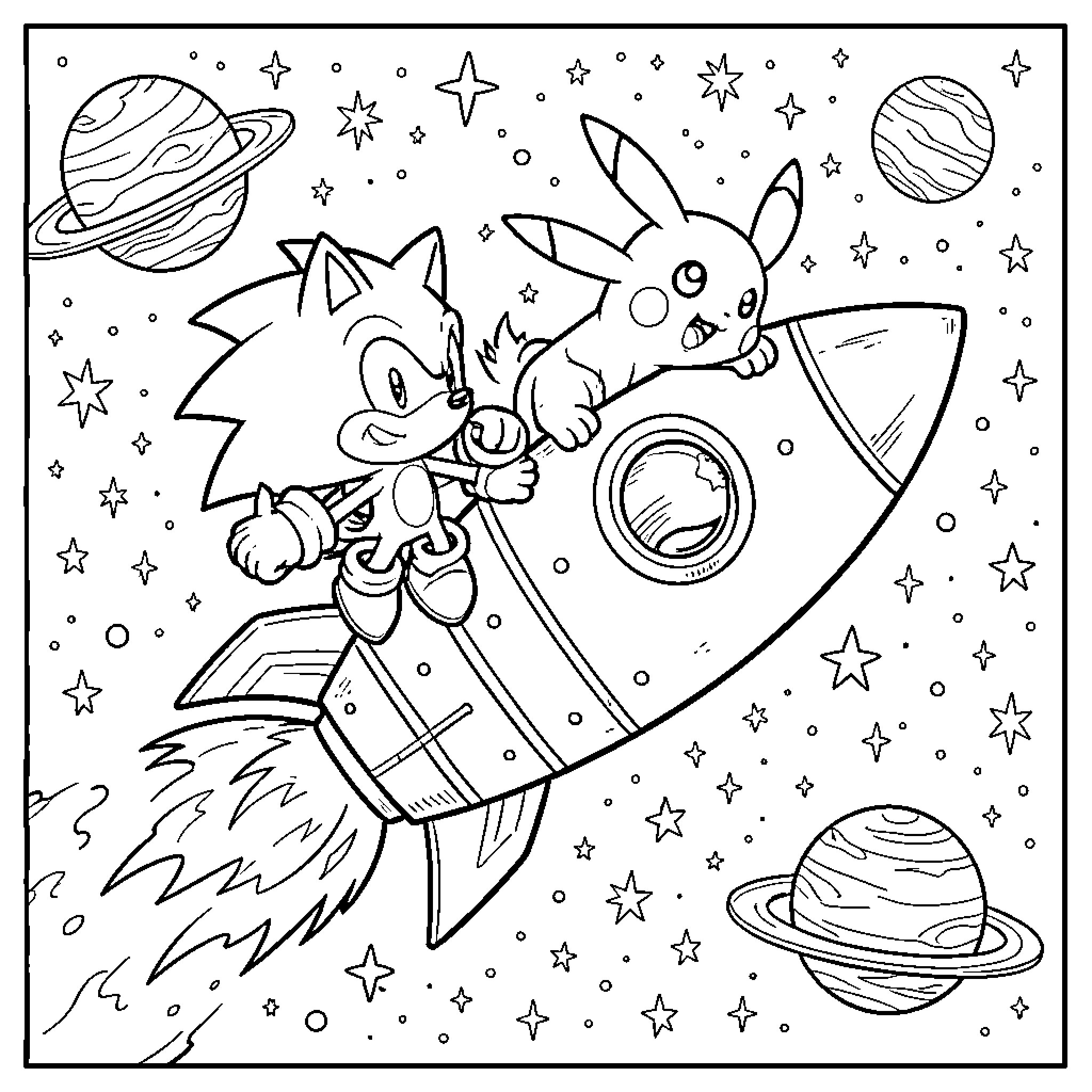 Sonic characters exploring outer space adventure Coloring Page (free black-and-white line drawing printable PDF for all, from beginners to advanced learners, including children, teens, adults, and seniors)