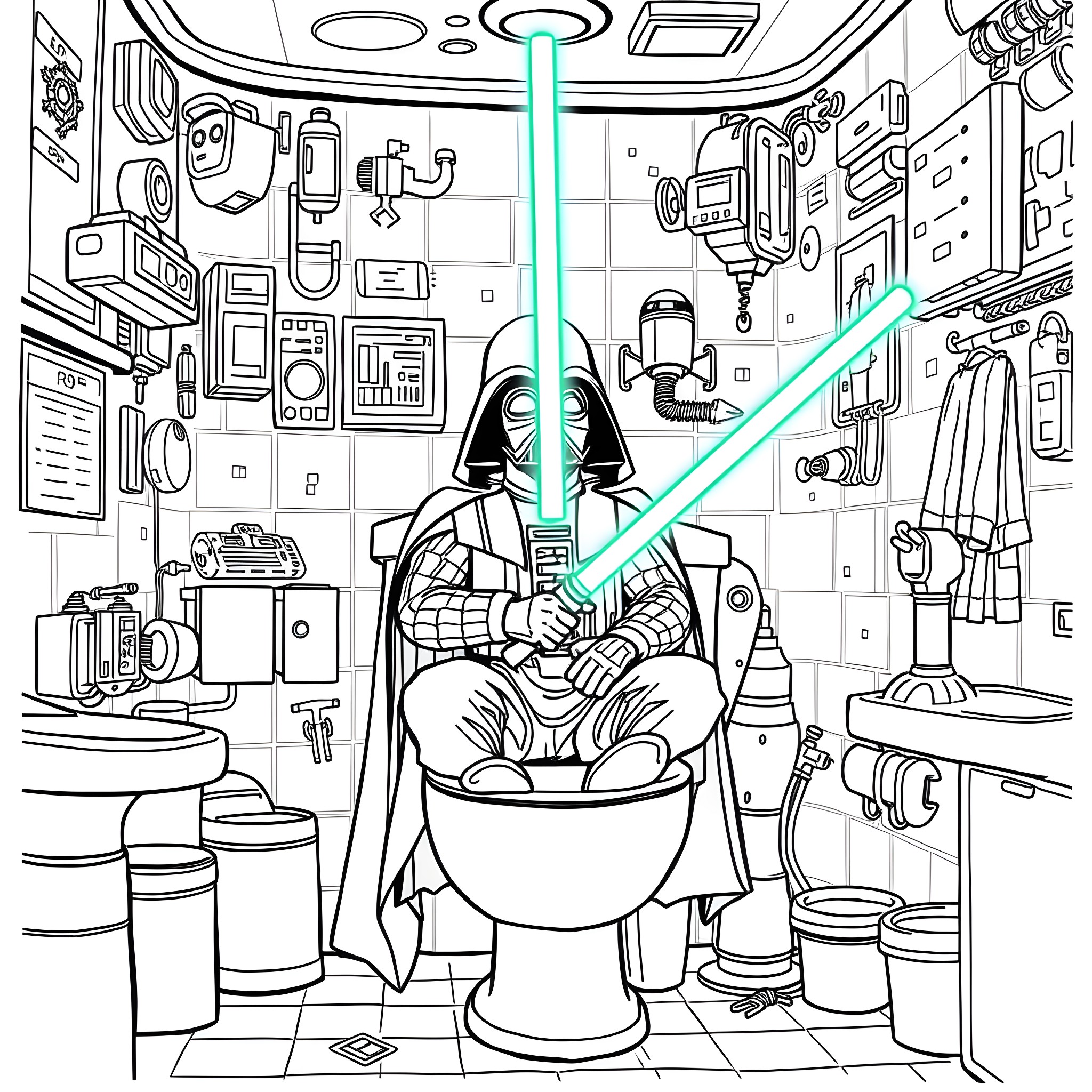 Darth Jar Jar Vader's Chaotic Bathroom Break Coloring Page (free black-and-white line drawing printable PDF for all, from beginners to advanced learners, including children, teens, adults, and seniors)