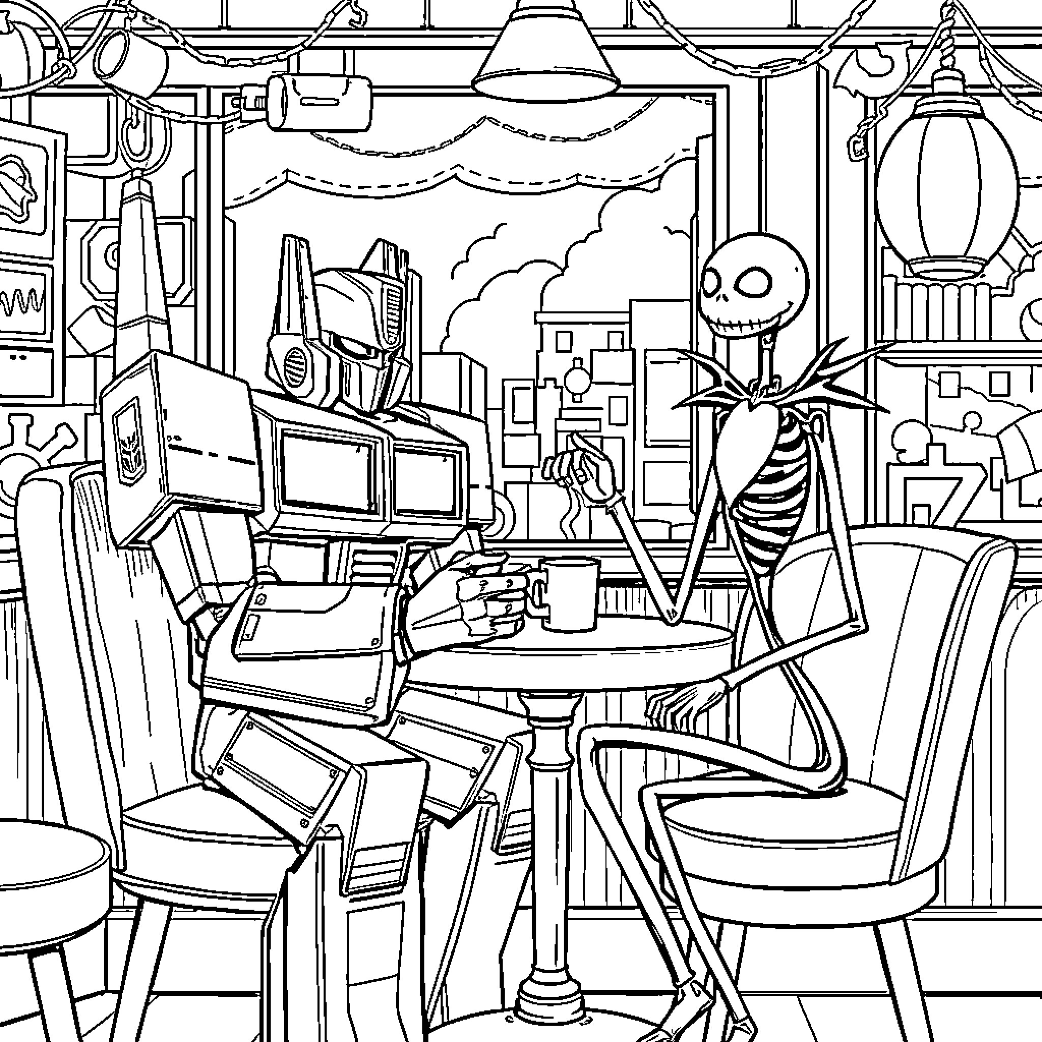 Optimus Prime's Futuristic Workspace Exploration Coloring Page (free black-and-white line drawing printable PDF for all, from beginners to advanced learners, including children, teens, adults, and seniors)