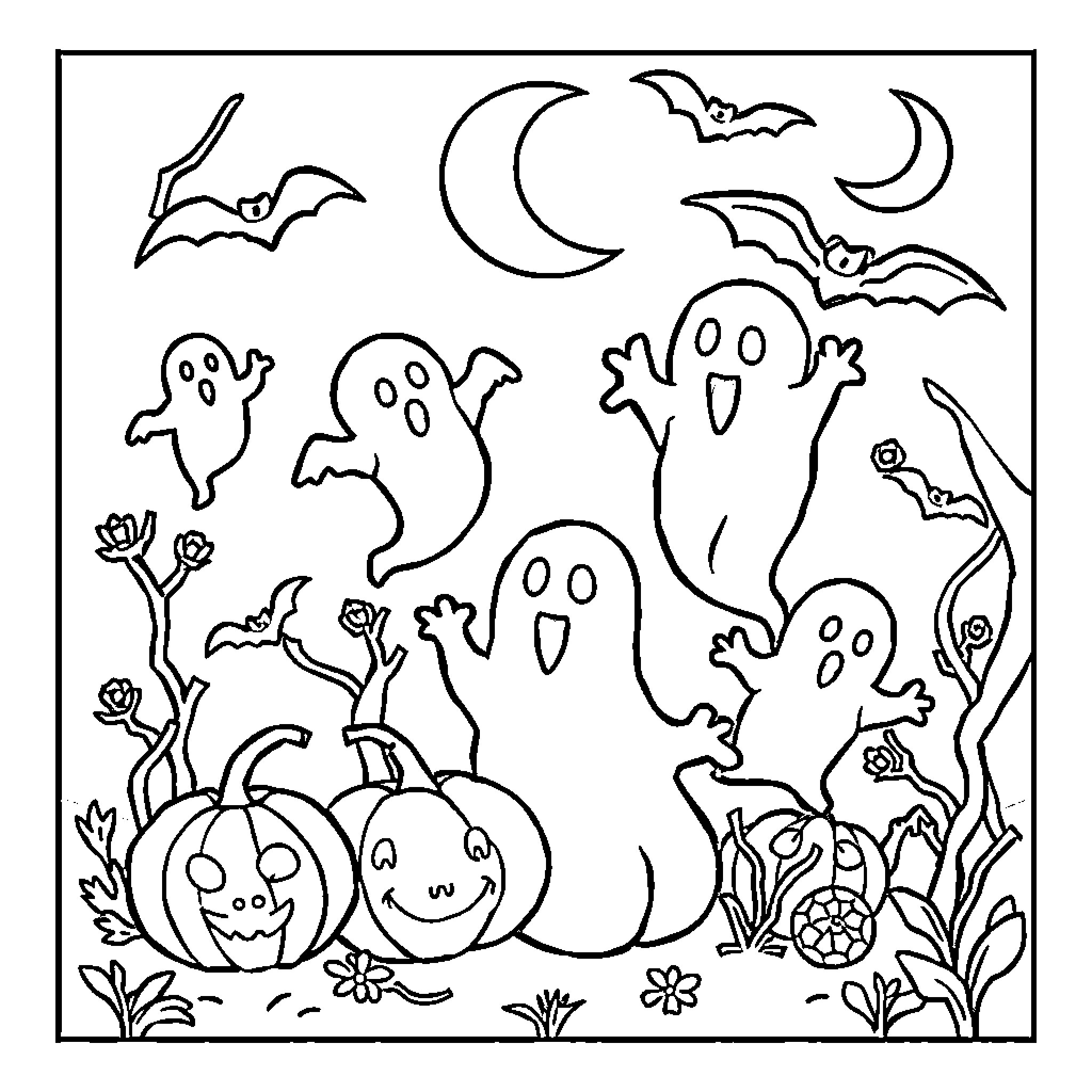 Halloween Ghosts and Pumpkins in a Spooky Scene Coloring Page (free black-and-white line drawing printable PDF for all, from beginners to advanced learners, including children, teens, adults, and seniors)