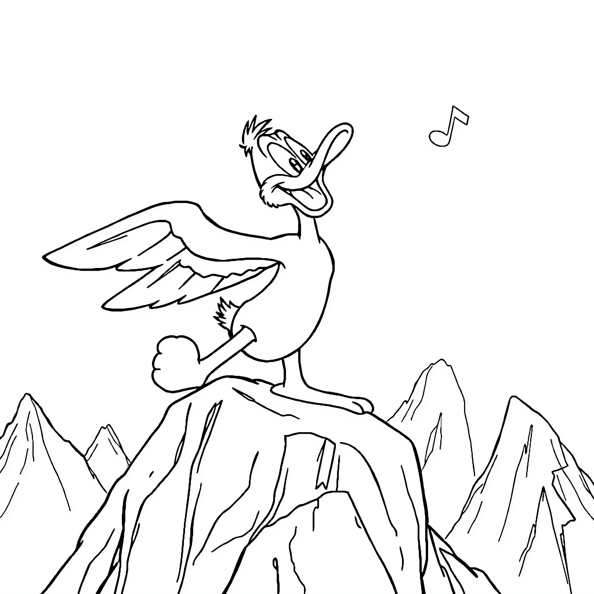 Daffy Duck singing happily on a mountain Coloring Page (free black-and-white line drawing printable PDF for all, from beginners to advanced learners, including children, teens, adults, and seniors)