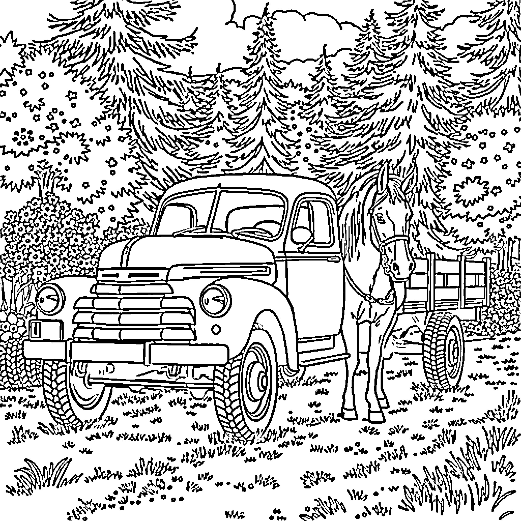 Truck parked in a winter forest landscape Coloring Page (free black-and-white line drawing printable PDF for all, from beginners to advanced learners, including children, teens, adults, and seniors)