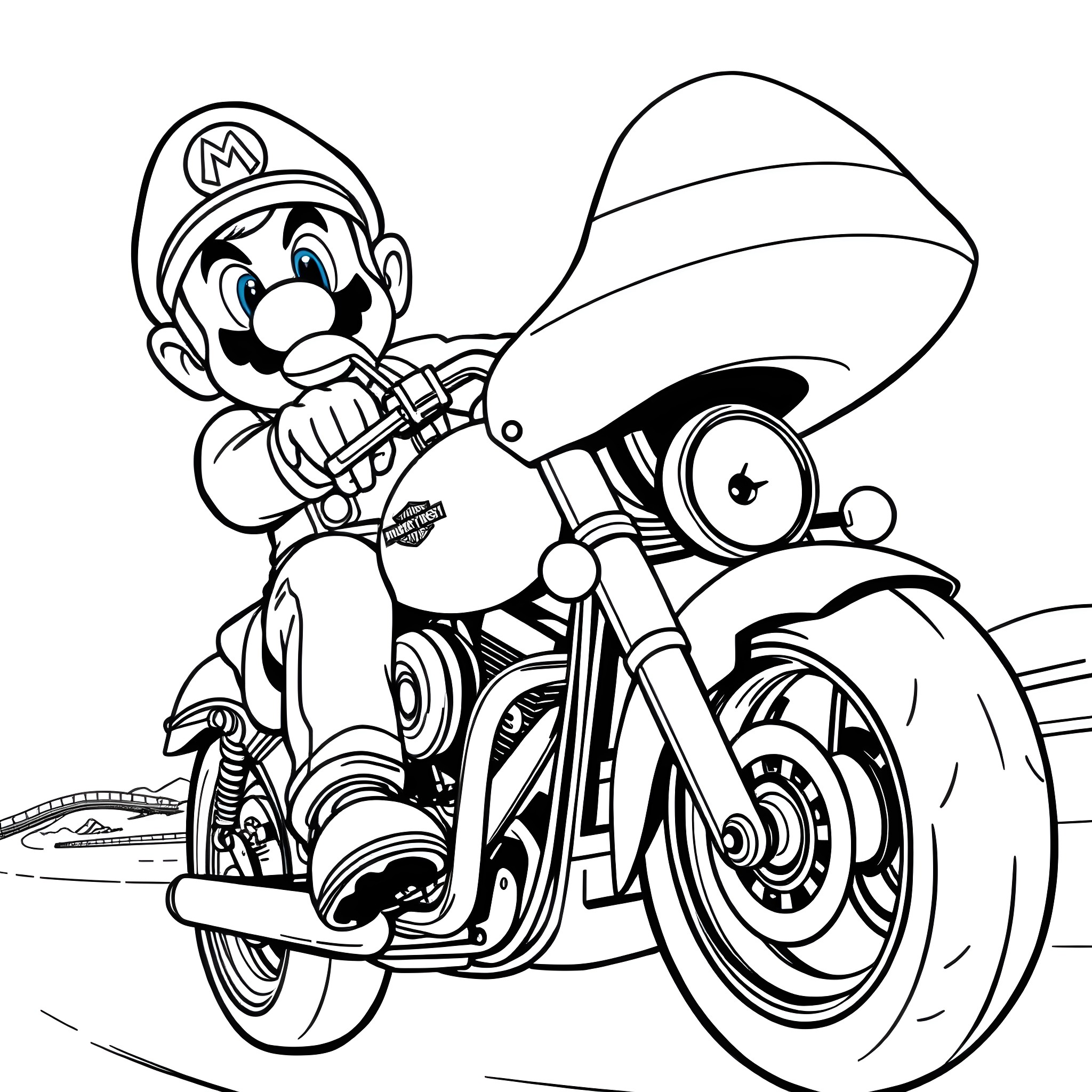 Mario Riding a Motorcycle on the Open Road Coloring Page (free black-and-white line drawing printable PDF for all, from beginners to advanced learners, including children, teens, adults, and seniors)