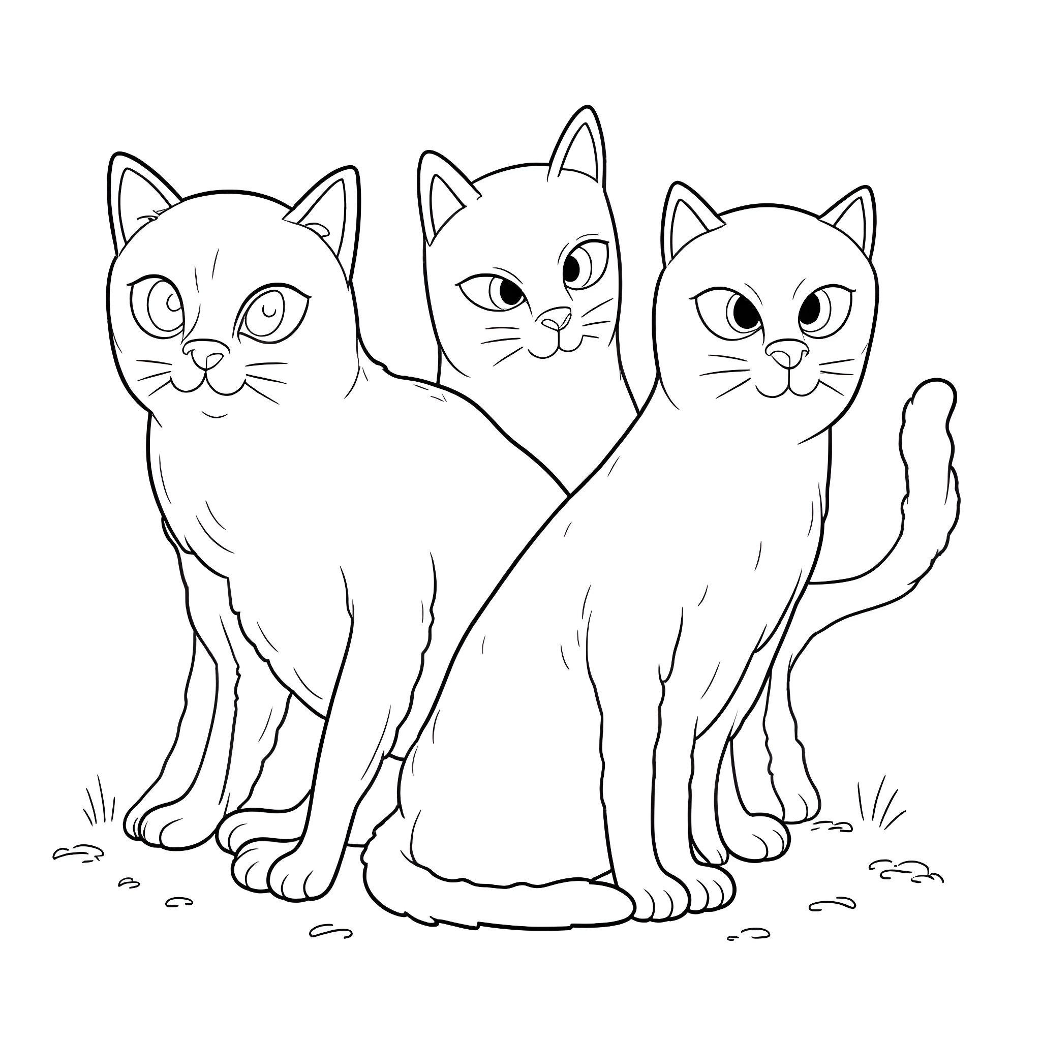 Cats gathered together in the yard Coloring Page (free black-and-white line drawing printable PDF for all, from beginners to advanced learners, including children, teens, adults, and seniors)