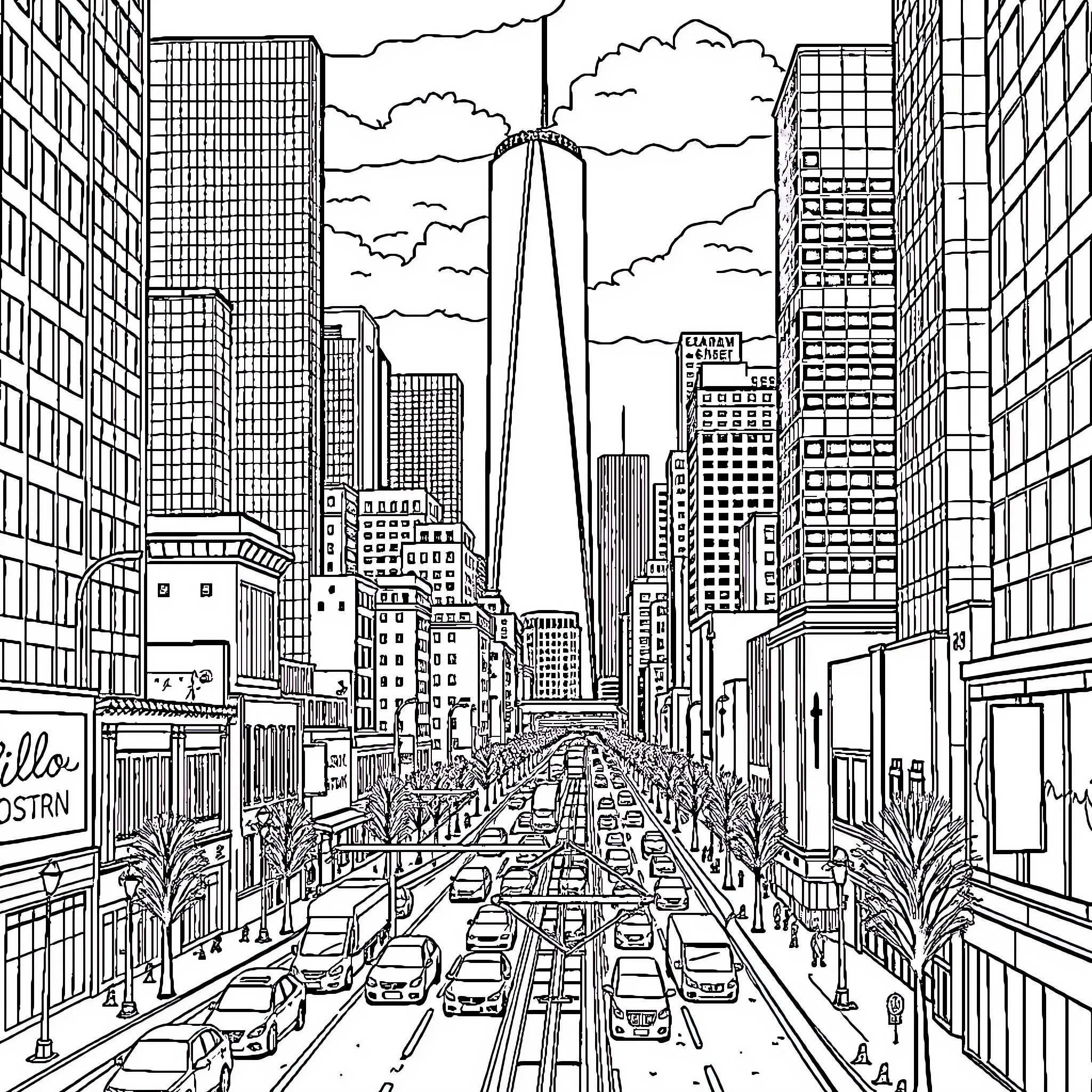 Houston Skyline City Scene with Bustling Streets Coloring Page (free black-and-white line drawing printable PDF for all, from beginners to advanced learners, including children, teens, adults, and seniors)