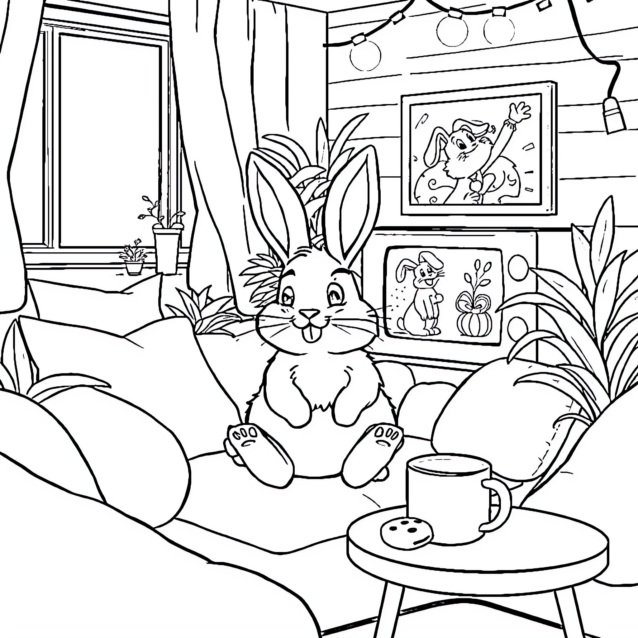 Bunny relaxing in cozy room with art decor Coloring Page (free black-and-white line drawing printable PDF for all, from beginners to advanced learners, including children, teens, adults, and seniors)