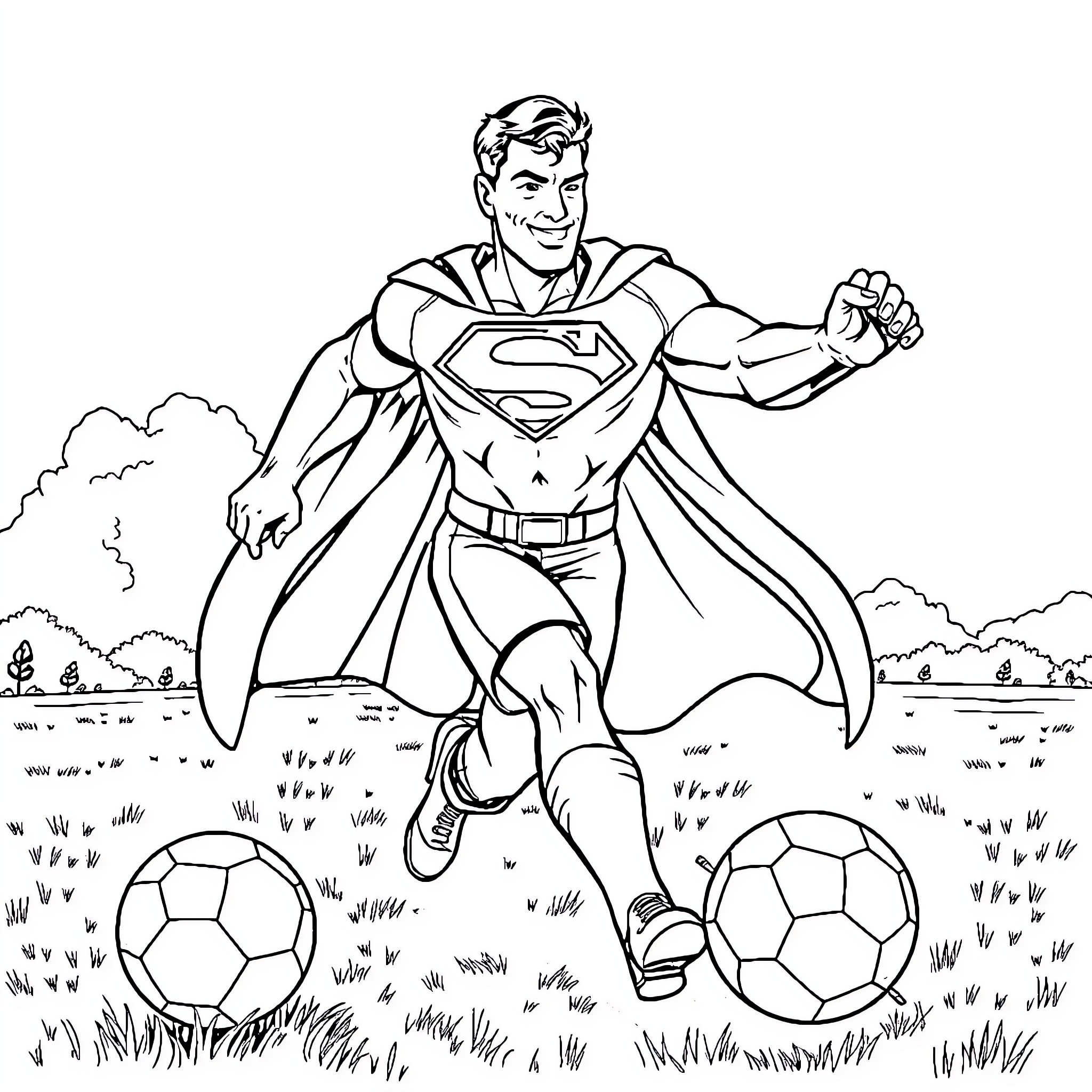 Superman playing with soccer balls in the park Coloring Page (free black-and-white line drawing printable PDF for all, from beginners to advanced learners, including children, teens, adults, and seniors)