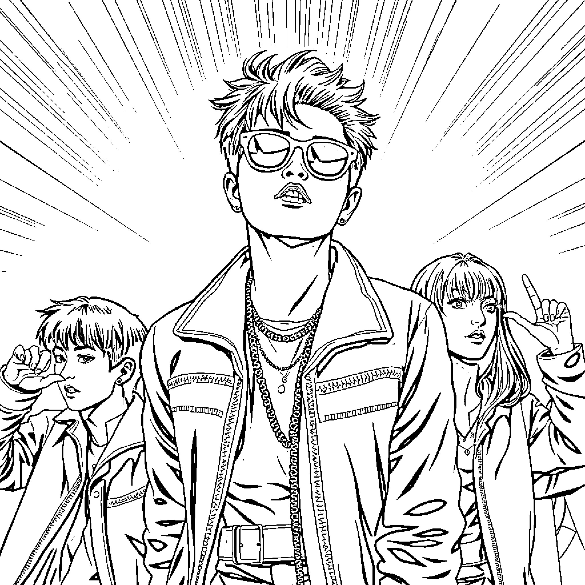 Kpop Idol Group Captured in Striking Monochrome Art Coloring Page (free black-and-white line drawing printable PDF for all, from beginners to advanced learners, including children, teens, adults, and seniors)
