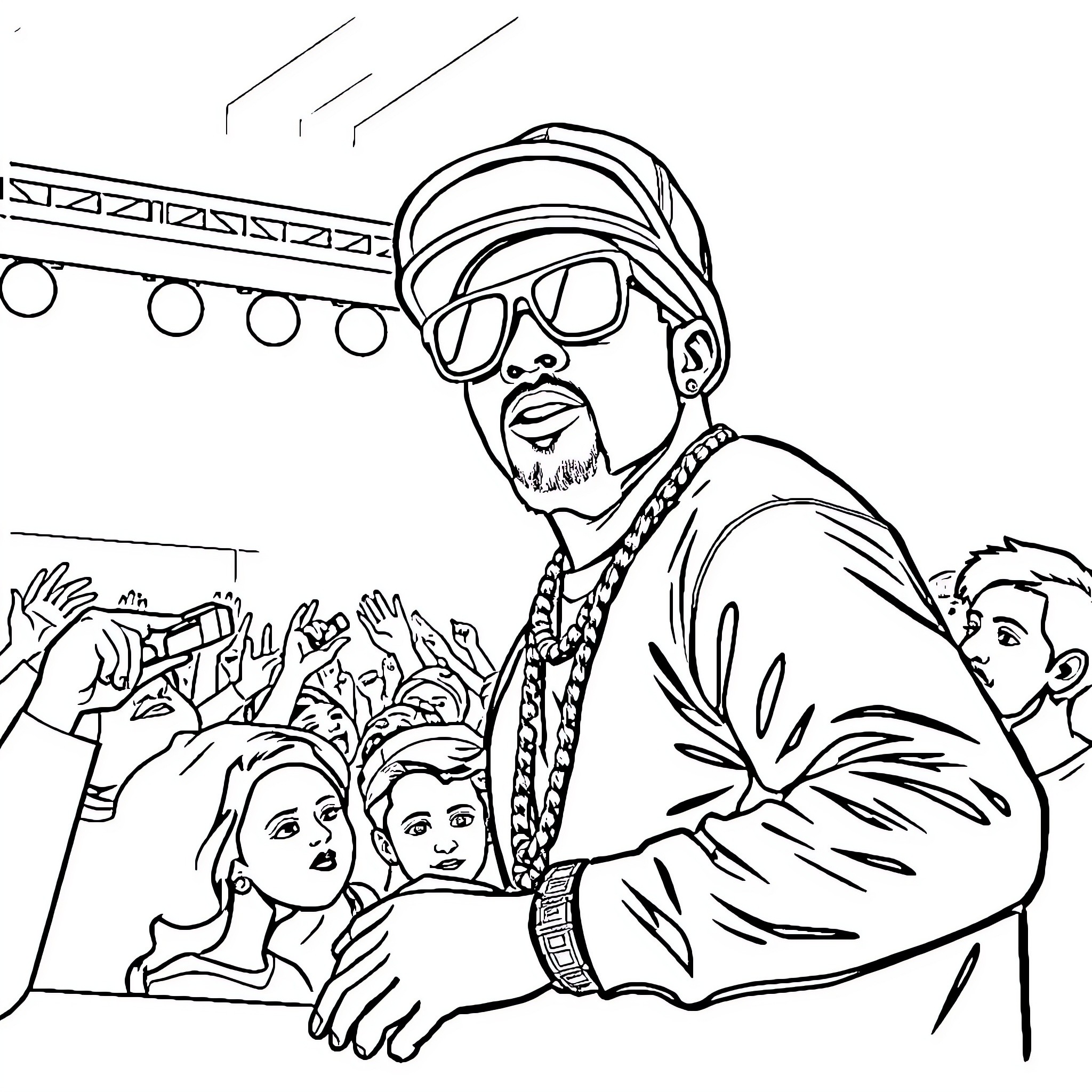 Booba performing on stage with excited crowd Coloring Page (free black-and-white line drawing printable PDF for all, from beginners to advanced learners, including children, teens, adults, and seniors)