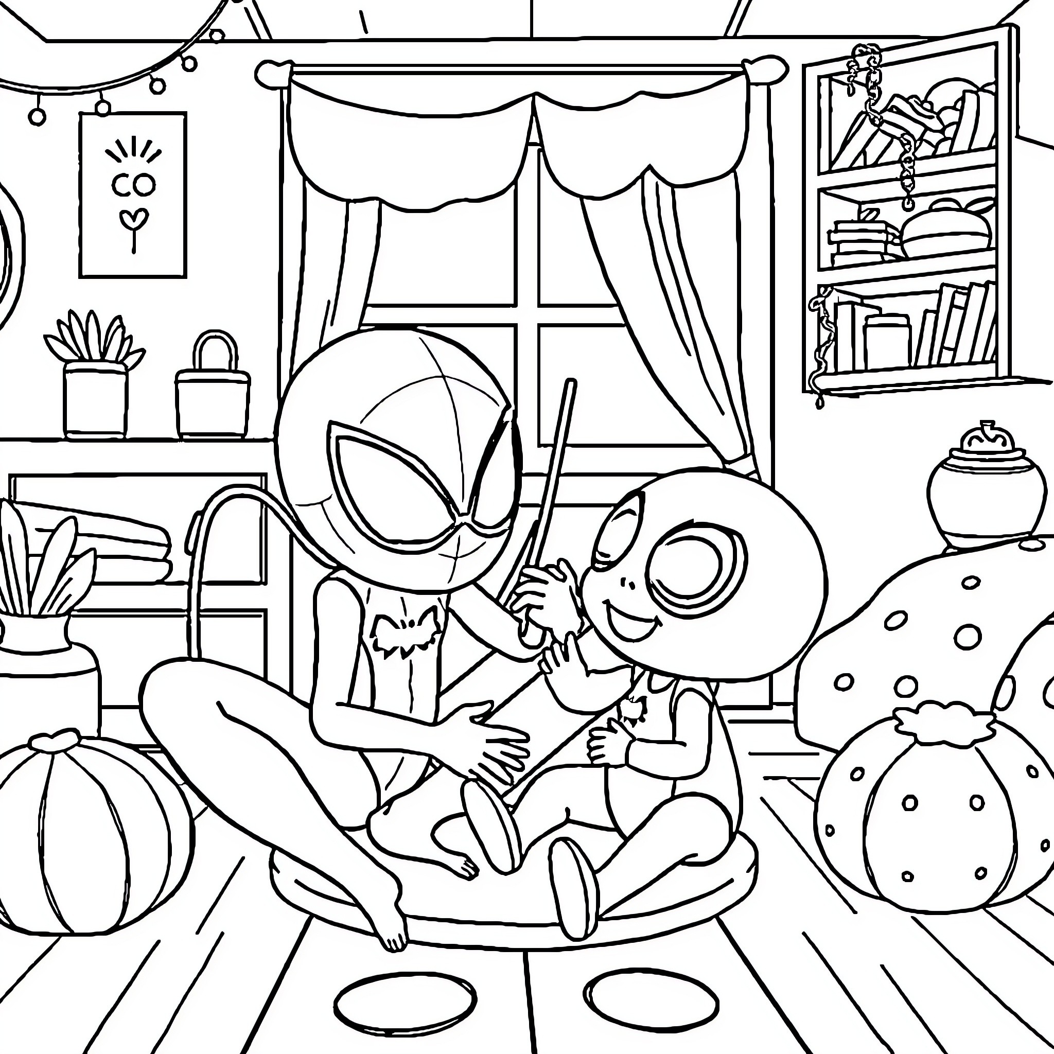 Spidy's Cozy Hideaway Coloring Page (free black-and-white line drawing printable PDF for all, from beginners to advanced learners, including children, teens, adults, and seniors)
