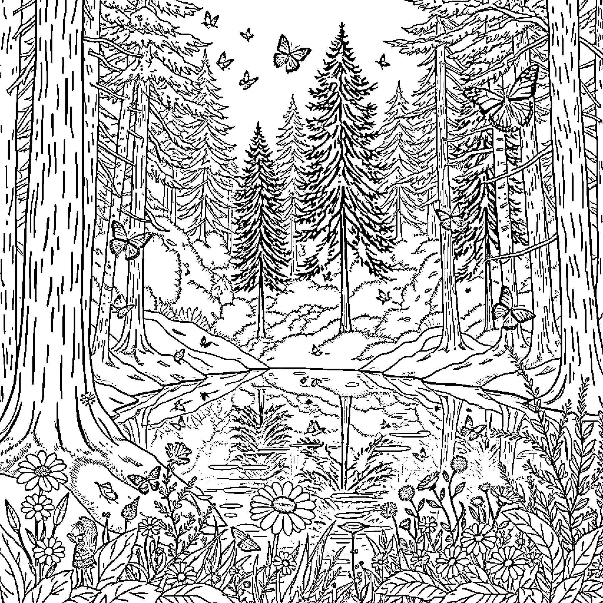 Forest Filled with Vibrant Nature and Wildlife Coloring Page (free black-and-white line drawing printable PDF for all, from beginners to advanced learners, including children, teens, adults, and seniors)