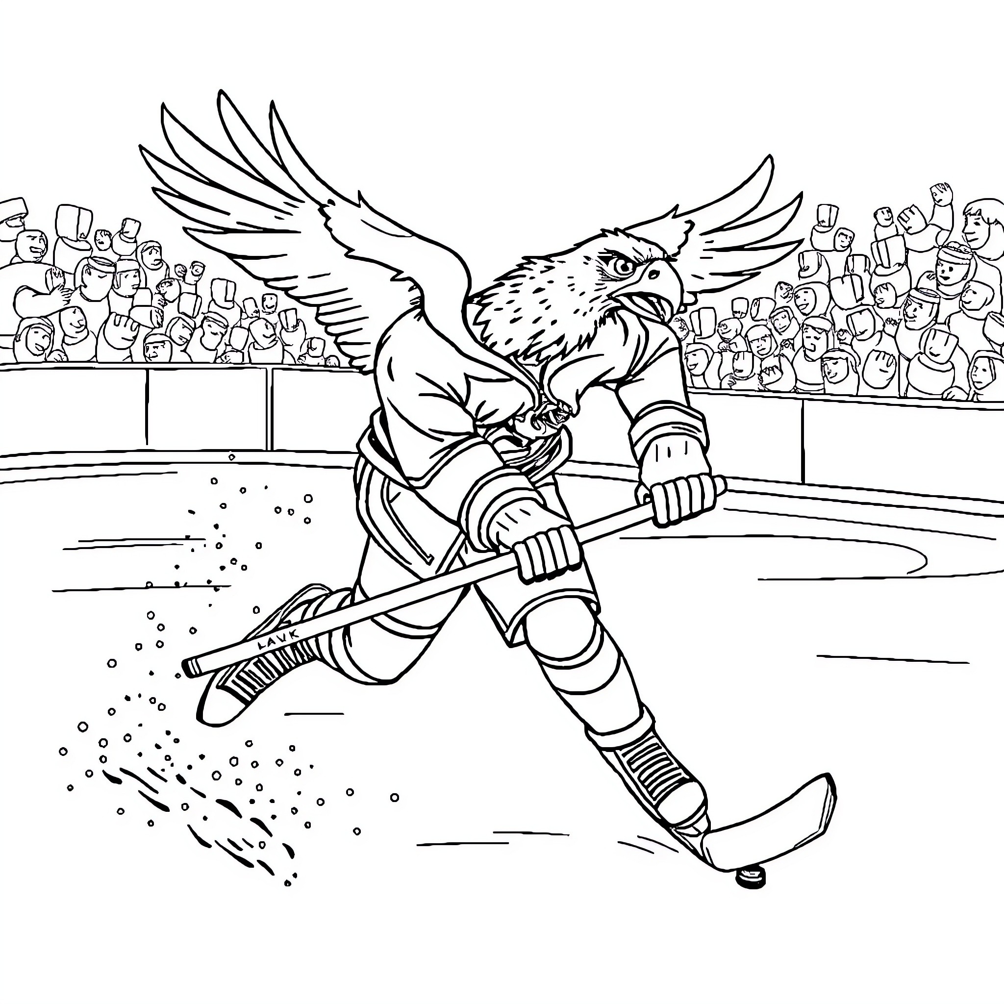 Hawk Hockey Player Skating on the Ice Coloring Page (free black-and-white line drawing printable PDF for all, from beginners to advanced learners, including children, teens, adults, and seniors)