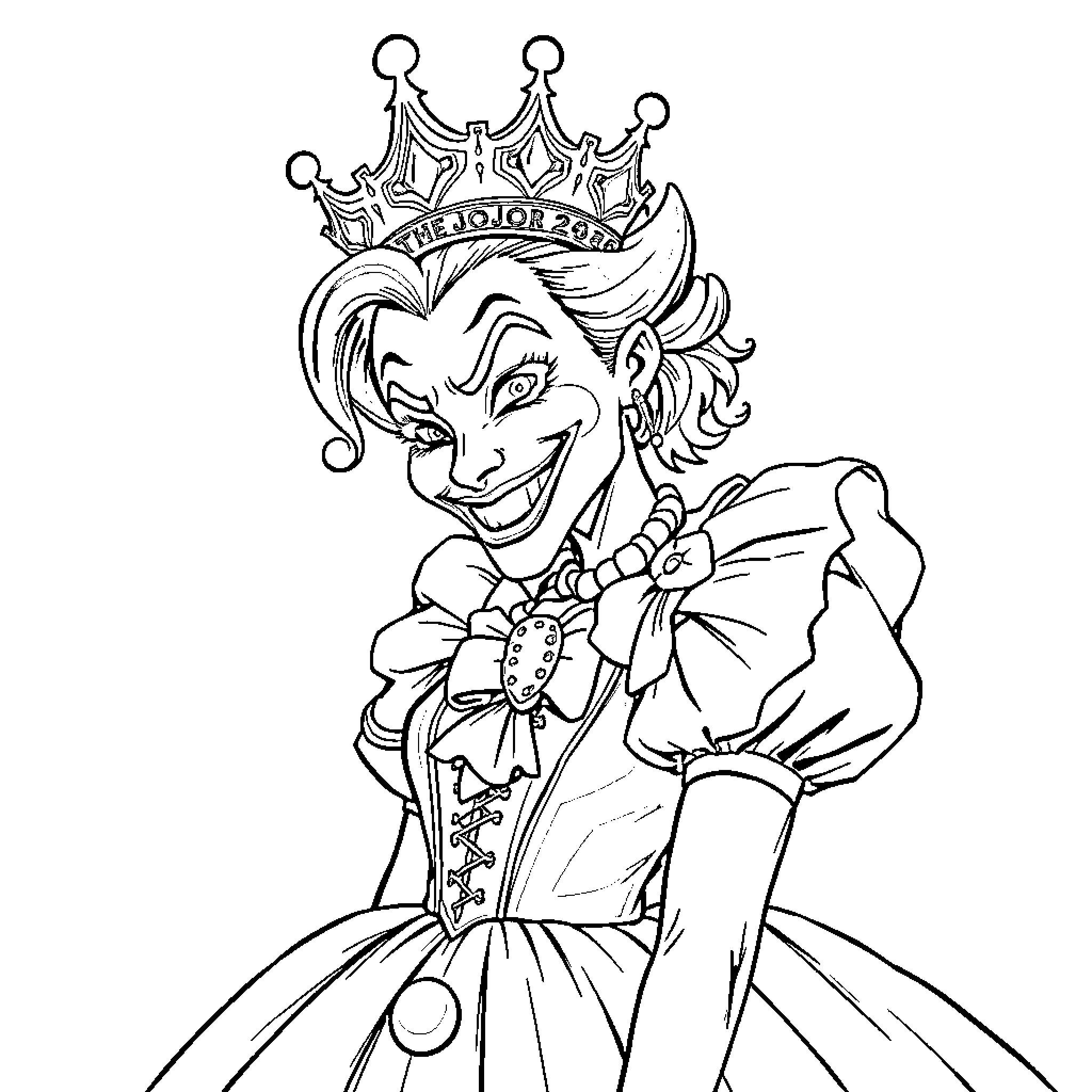 Joker character in crown and fancy attire Coloring Page (free black-and-white line drawing printable PDF for all, from beginners to advanced learners, including children, teens, adults, and seniors)