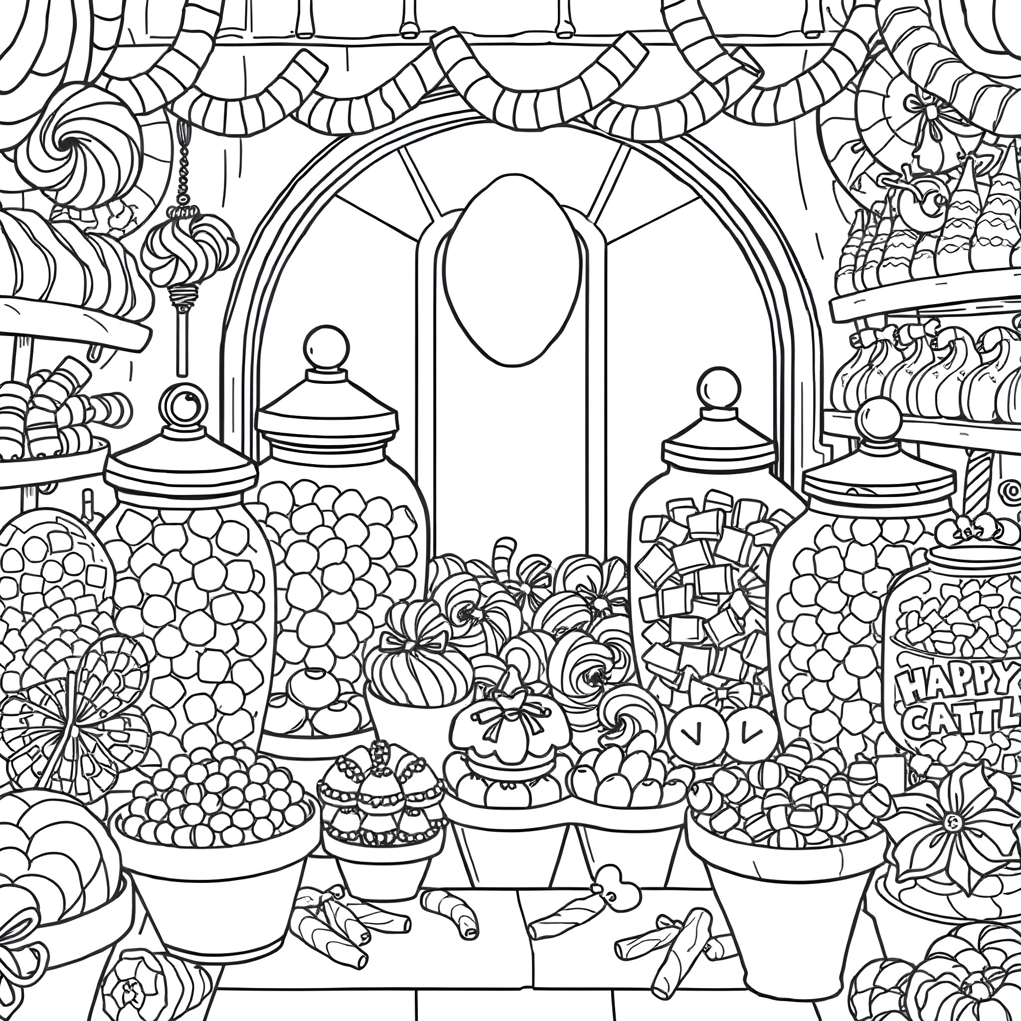 Candy Store with Festive Decorations Coloring Page (free black-and-white line drawing printable PDF for all, from beginners to advanced learners, including children, teens, adults, and seniors)