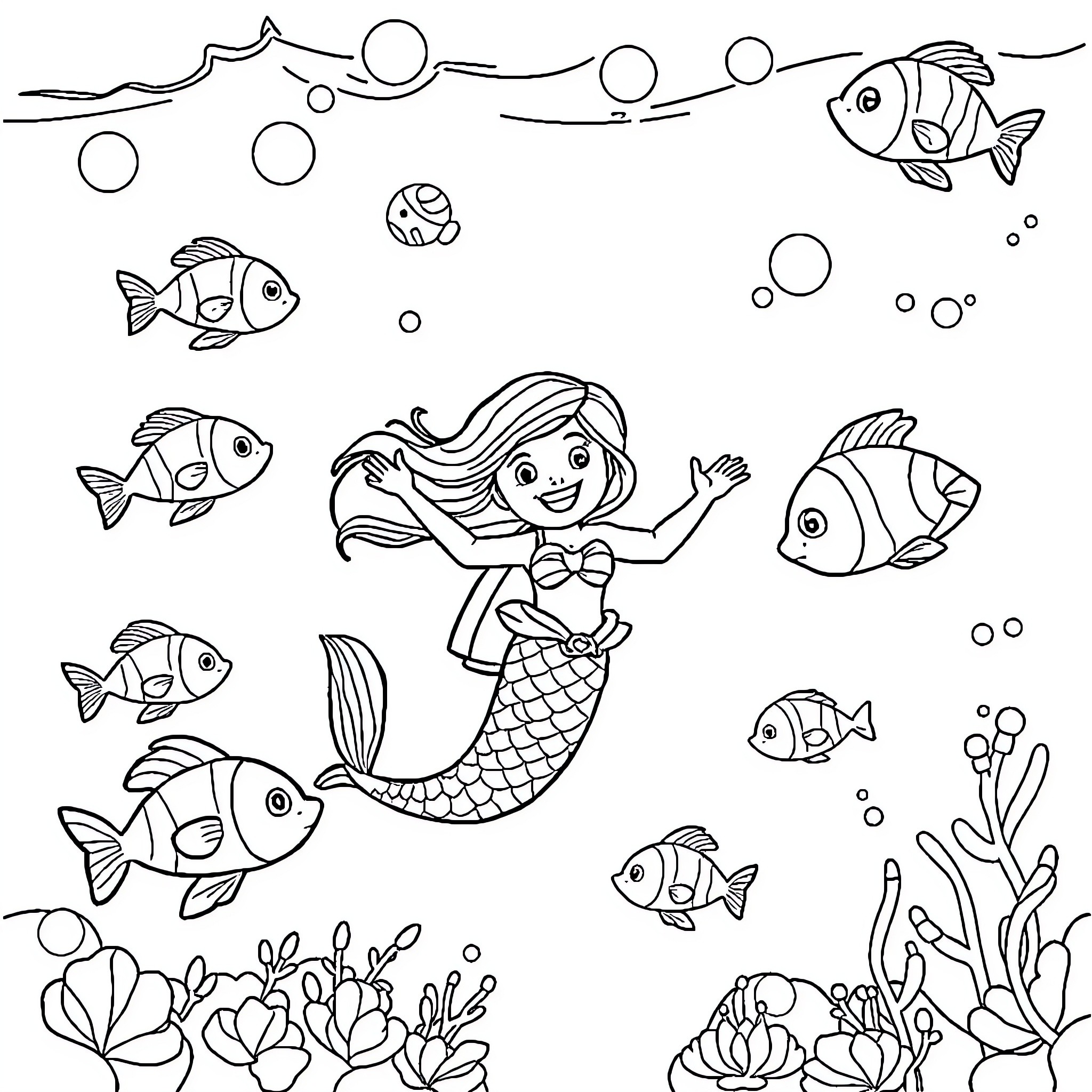 Mermaid interacting with friendly underwater sea creatures Coloring Page (free black-and-white line drawing printable PDF for all, from beginners to advanced learners, including children, teens, adults, and seniors)