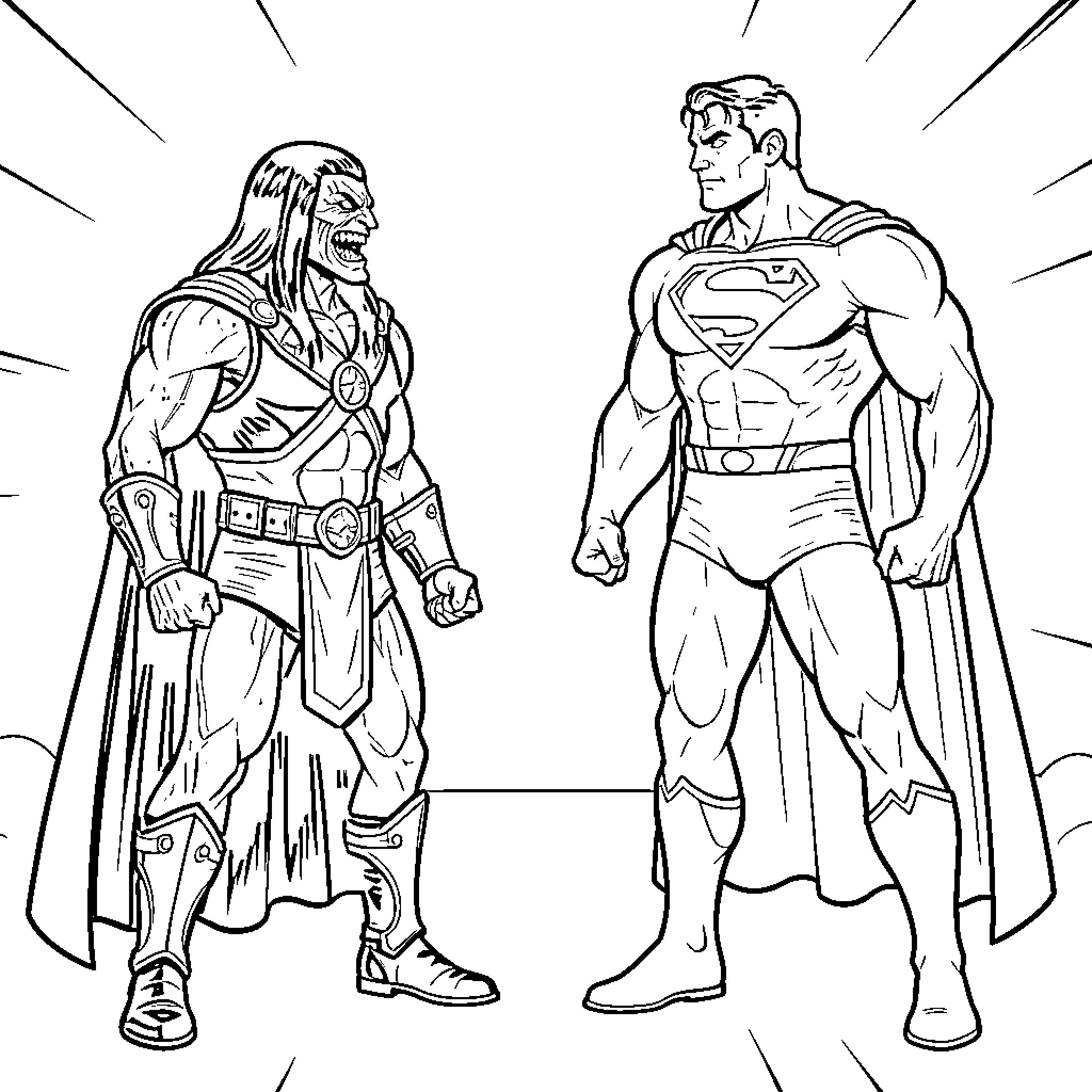 Skeletor confronting a powerful superhero in a battle stance Coloring Page (free black-and-white line drawing printable PDF for all, from beginners to advanced learners, including children, teens, adults, and seniors)