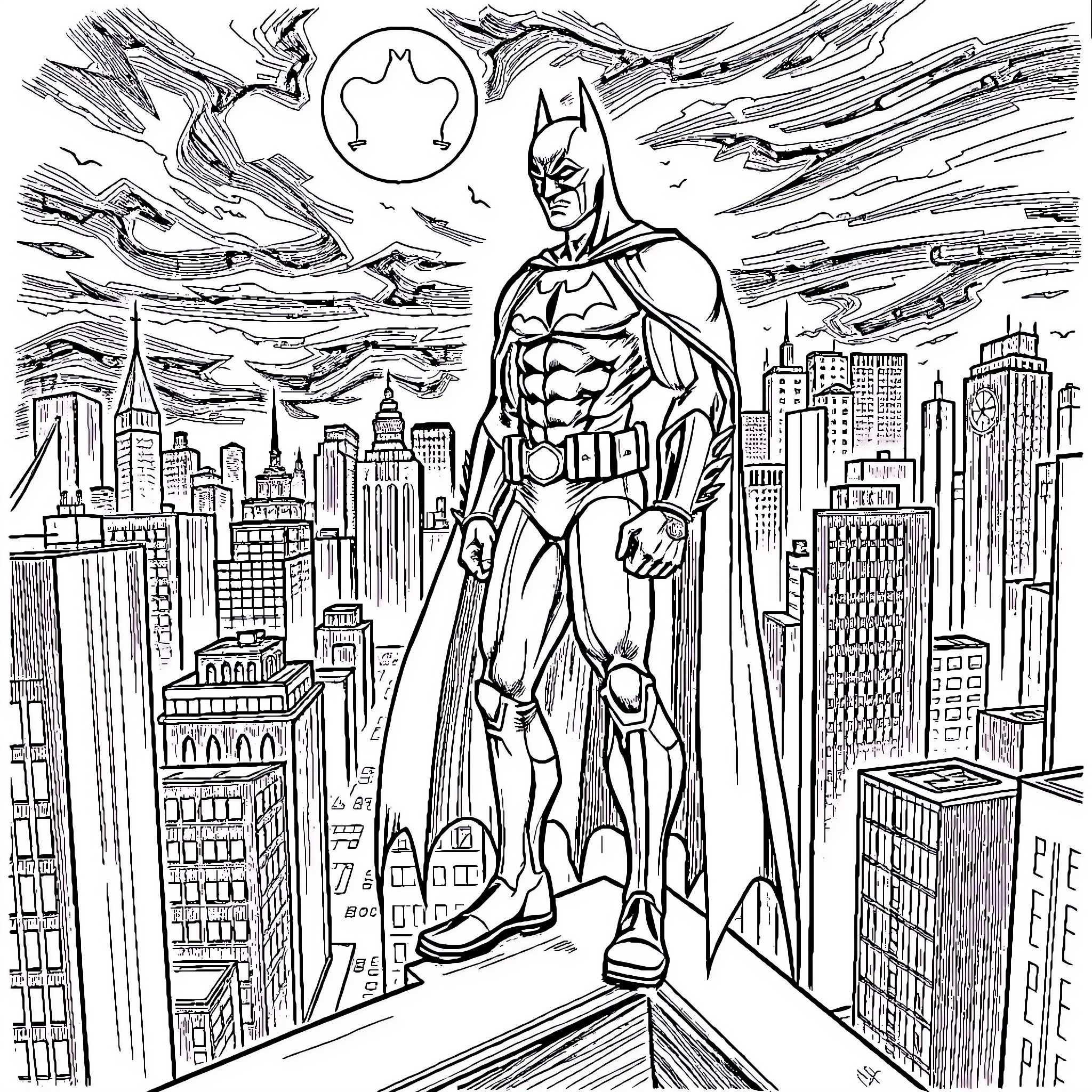 Batman overlooking the city skyline with determination Coloring Page (free black-and-white line drawing printable PDF for all, from beginners to advanced learners, including children, teens, adults, and seniors)