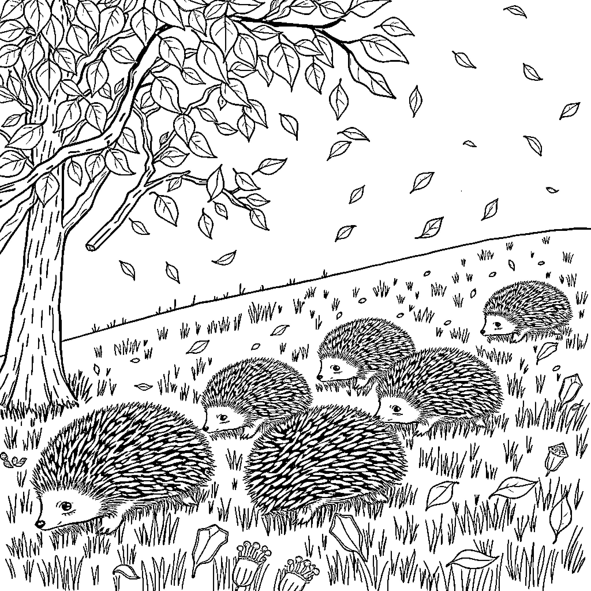 Hedgehogs frolicking in the autumn leaves Coloring Page (free black-and-white line drawing printable PDF for all, from beginners to advanced learners, including children, teens, adults, and seniors)
