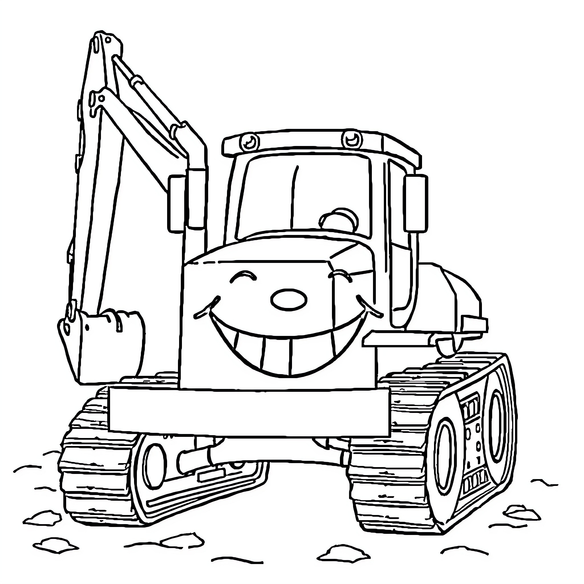Excavator with a cheerful expression on construction site Coloring Page (free black-and-white line drawing printable PDF for all, from beginners to advanced learners, including children, teens, adults, and seniors)