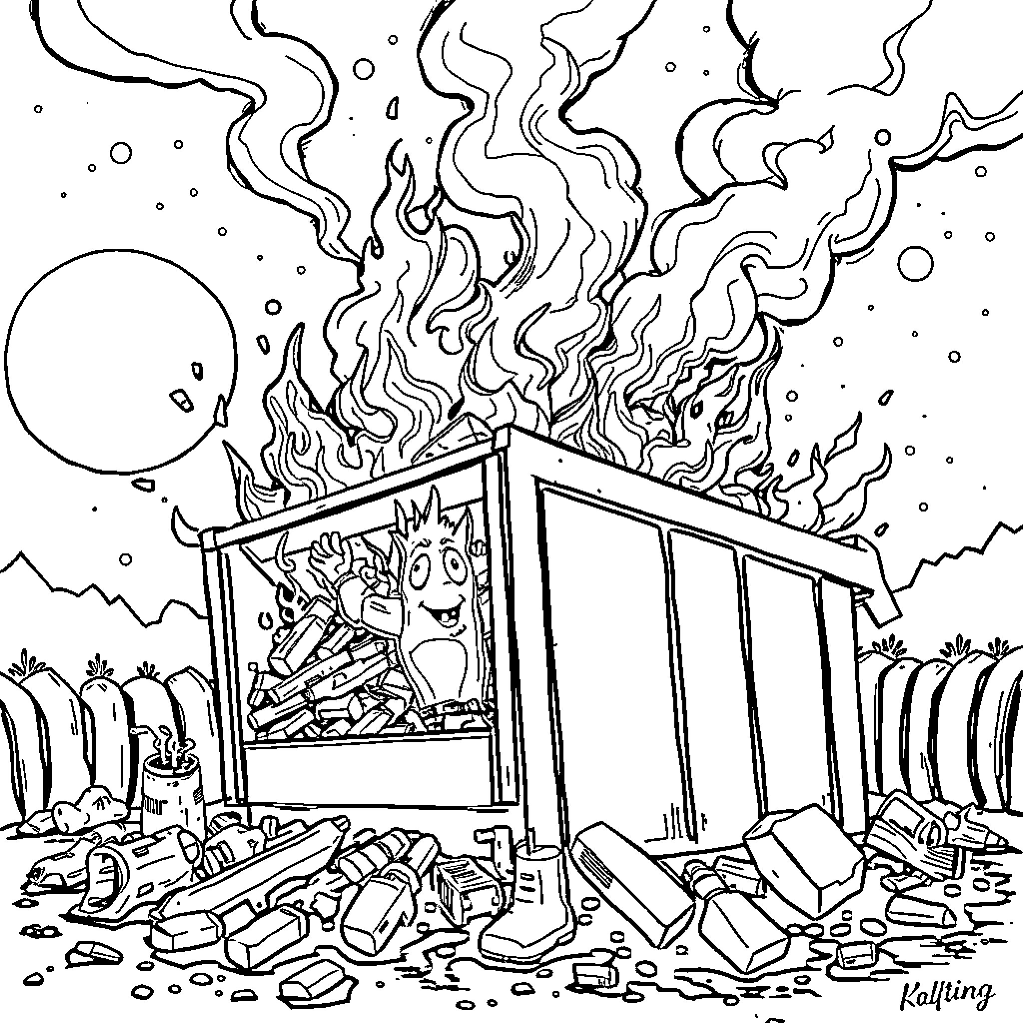 Dumpster on fire with scattered debris and rubble Coloring Page (free black-and-white line drawing printable PDF for all, from beginners to advanced learners, including children, teens, adults, and seniors)