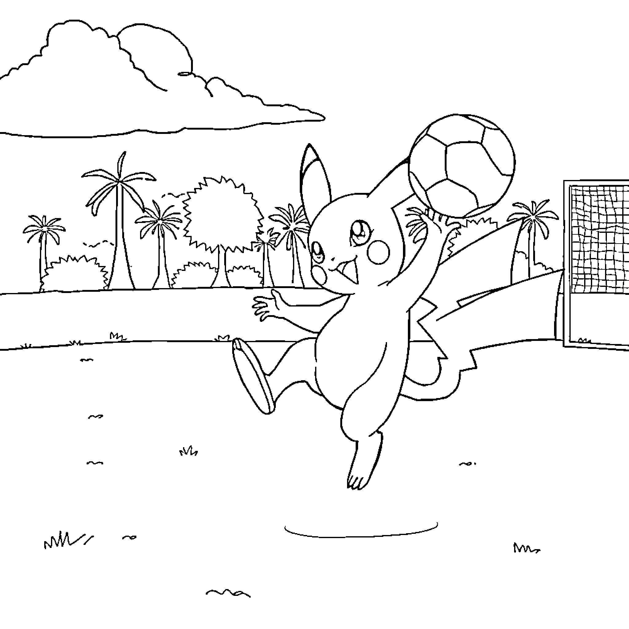 Pokémon playing soccer on the beach Coloring Page (free black-and-white line drawing printable PDF for all, from beginners to advanced learners, including children, teens, adults, and seniors)