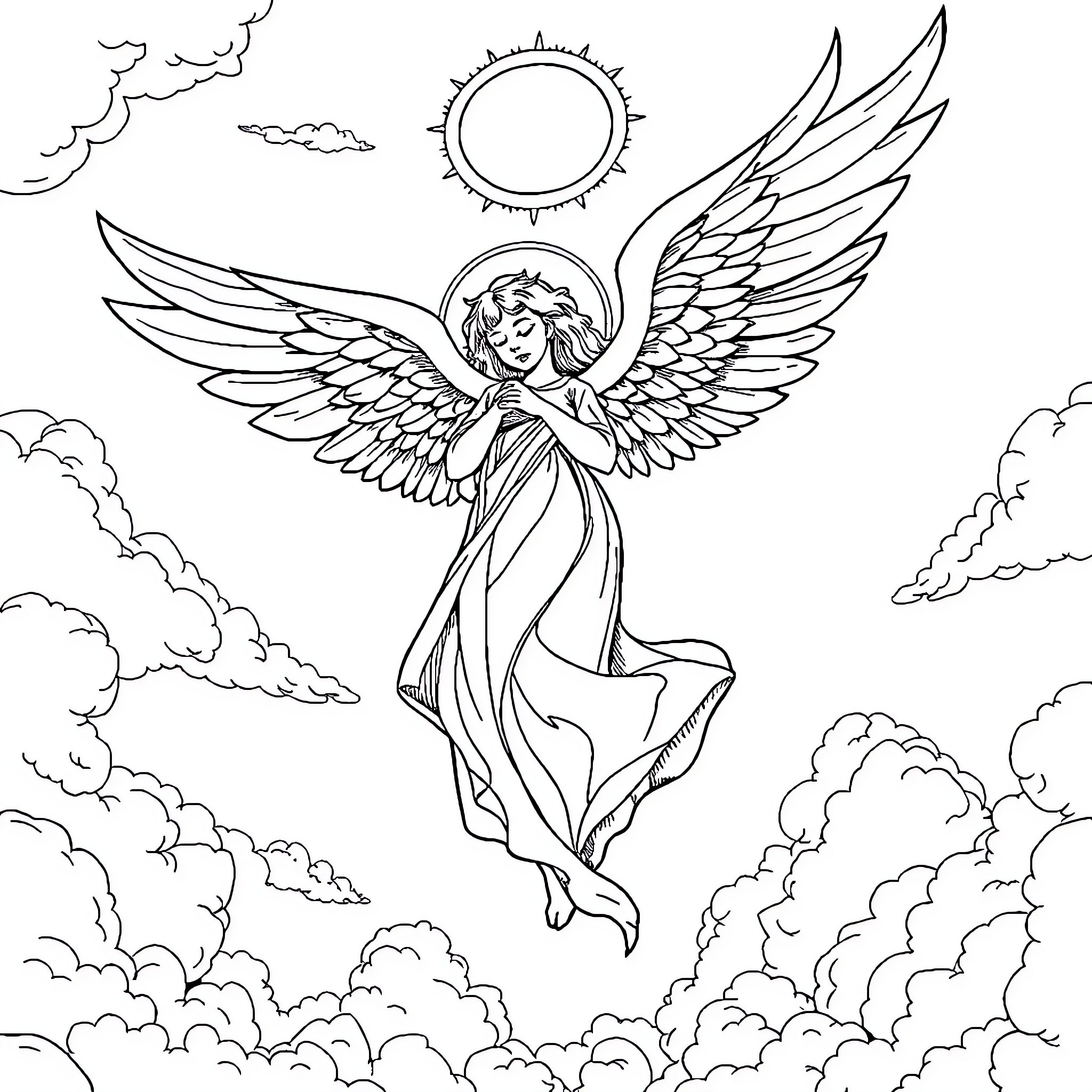 Angel of light soaring through the heavens Coloring Page (free black-and-white line drawing printable PDF for all, from beginners to advanced learners, including children, teens, adults, and seniors)