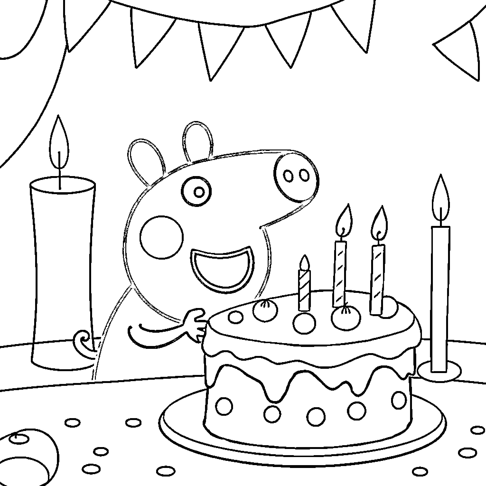 Peppa Pig Celebrates Birthday with Cake and Candles Coloring Page (free black-and-white line drawing printable PDF for all, from beginners to advanced learners, including children, teens, adults, and seniors)
