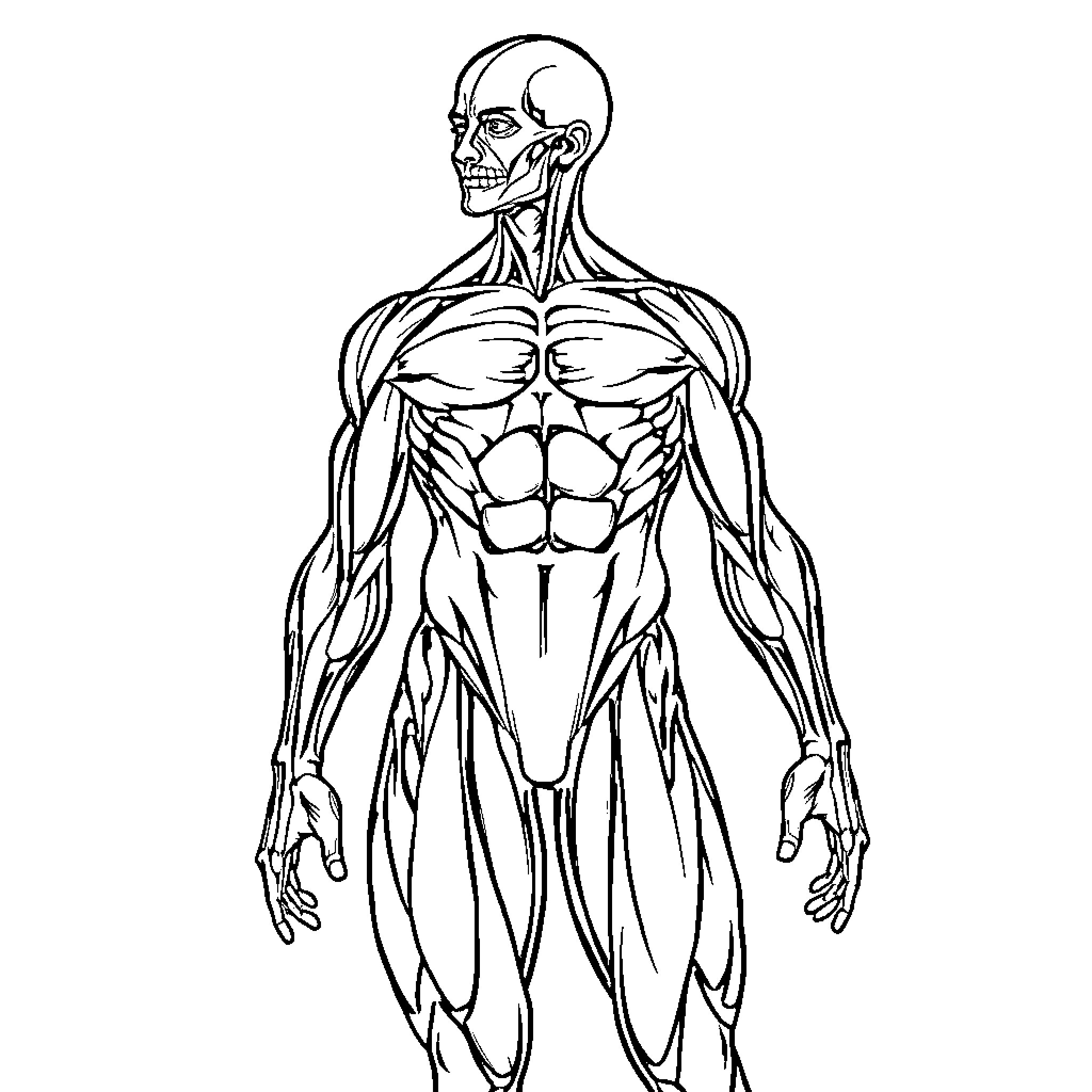 Anatomy of a Muscular Human Figure Coloring Page (free black-and-white line drawing printable PDF for all, from beginners to advanced learners, including children, teens, adults, and seniors)