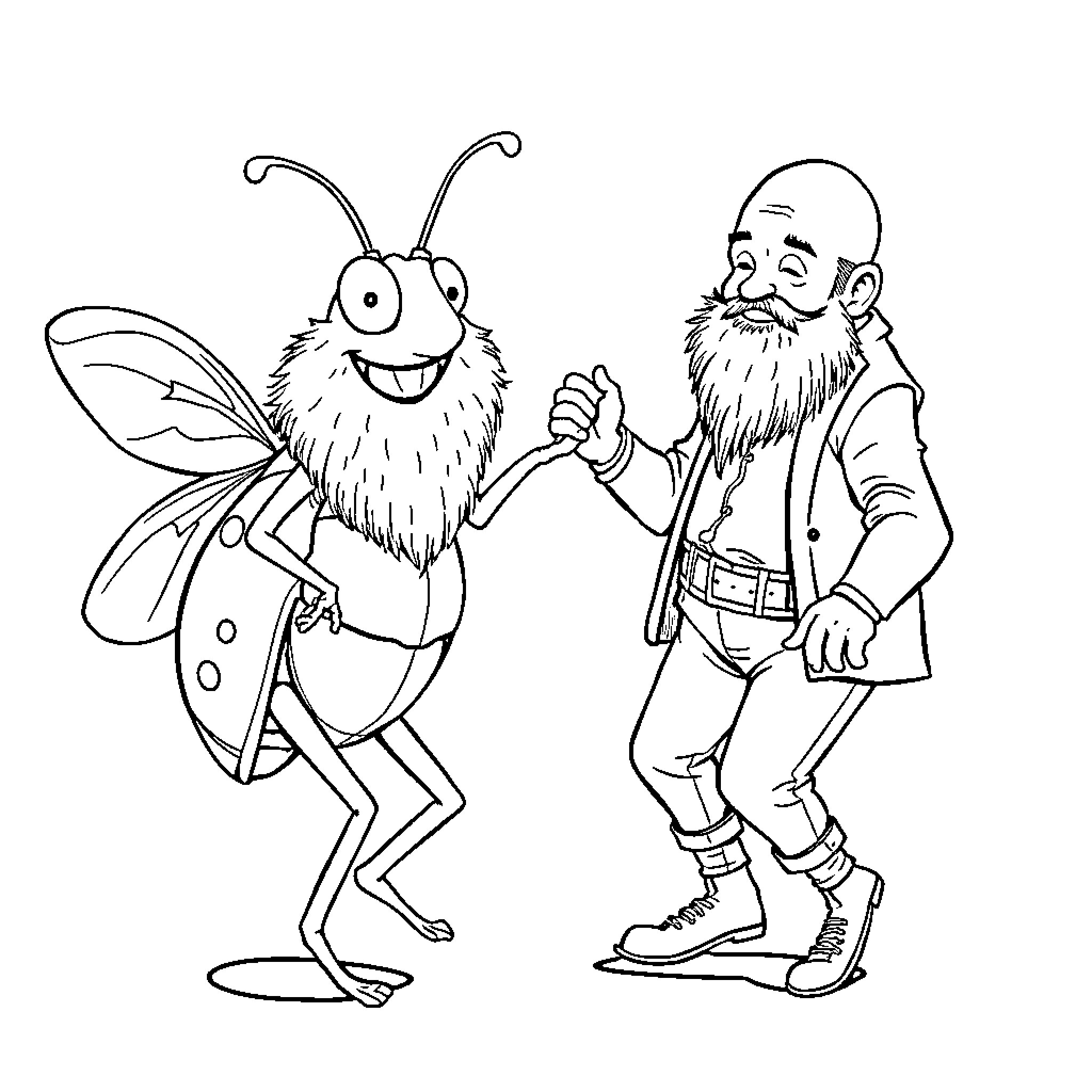 Bug and Bearded Man in Friendly Interaction Coloring Page (free black-and-white line drawing printable PDF for all, from beginners to advanced learners, including children, teens, adults, and seniors)