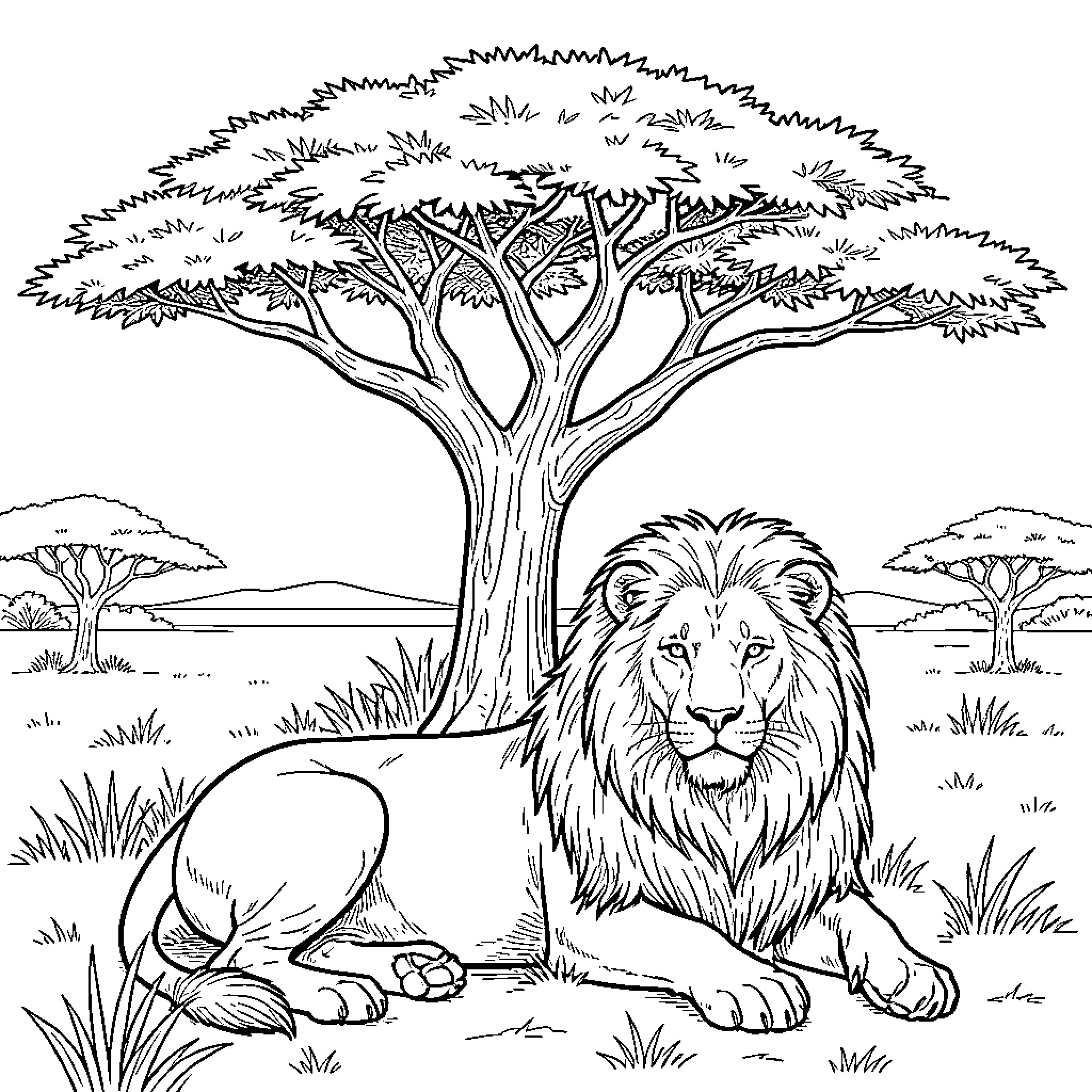 Lion relaxing under a majestic tree in the savanna Coloring Page (free black-and-white line drawing printable PDF for all, from beginners to advanced learners, including children, teens, adults, and seniors)