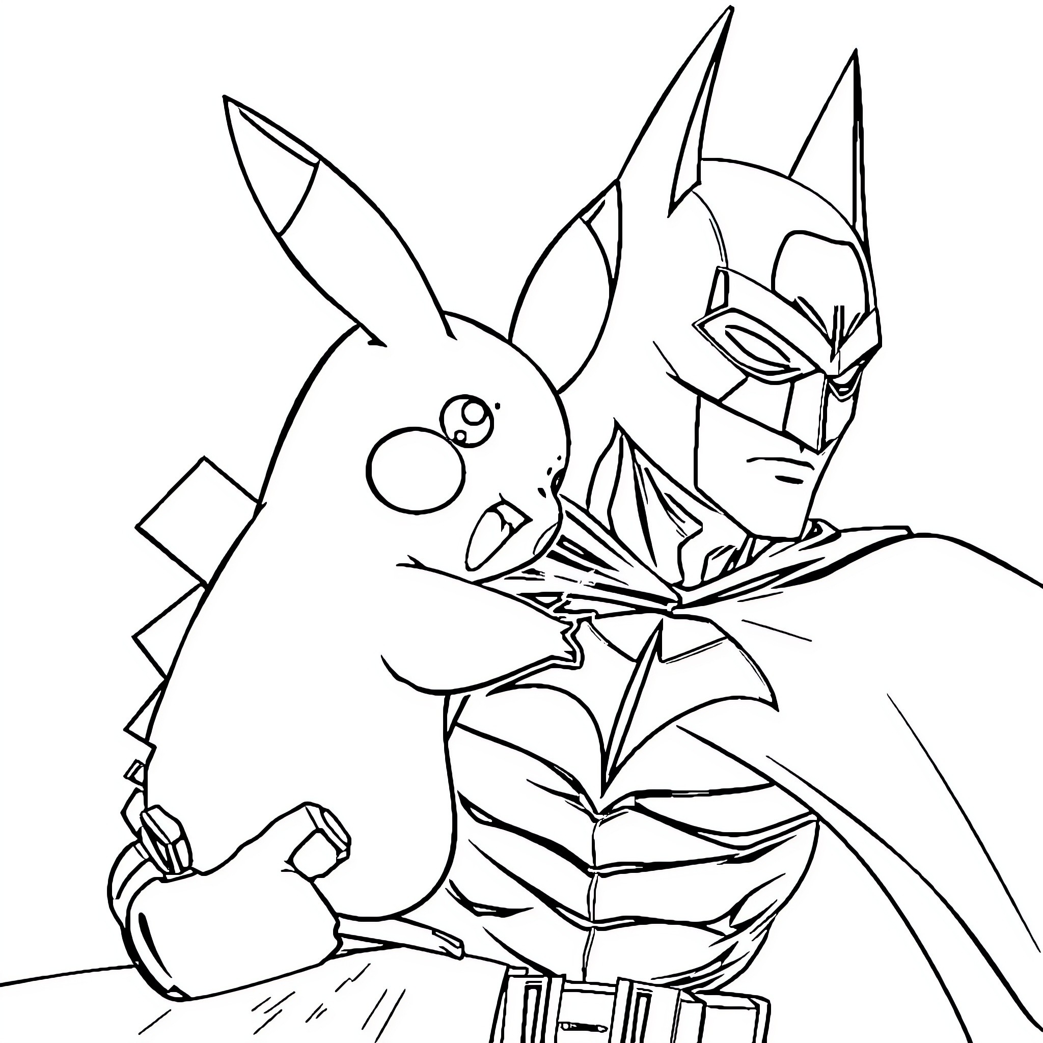 Pikachu teaming up with Batman in action Coloring Page (free black-and-white line drawing printable PDF for all, from beginners to advanced learners, including children, teens, adults, and seniors)