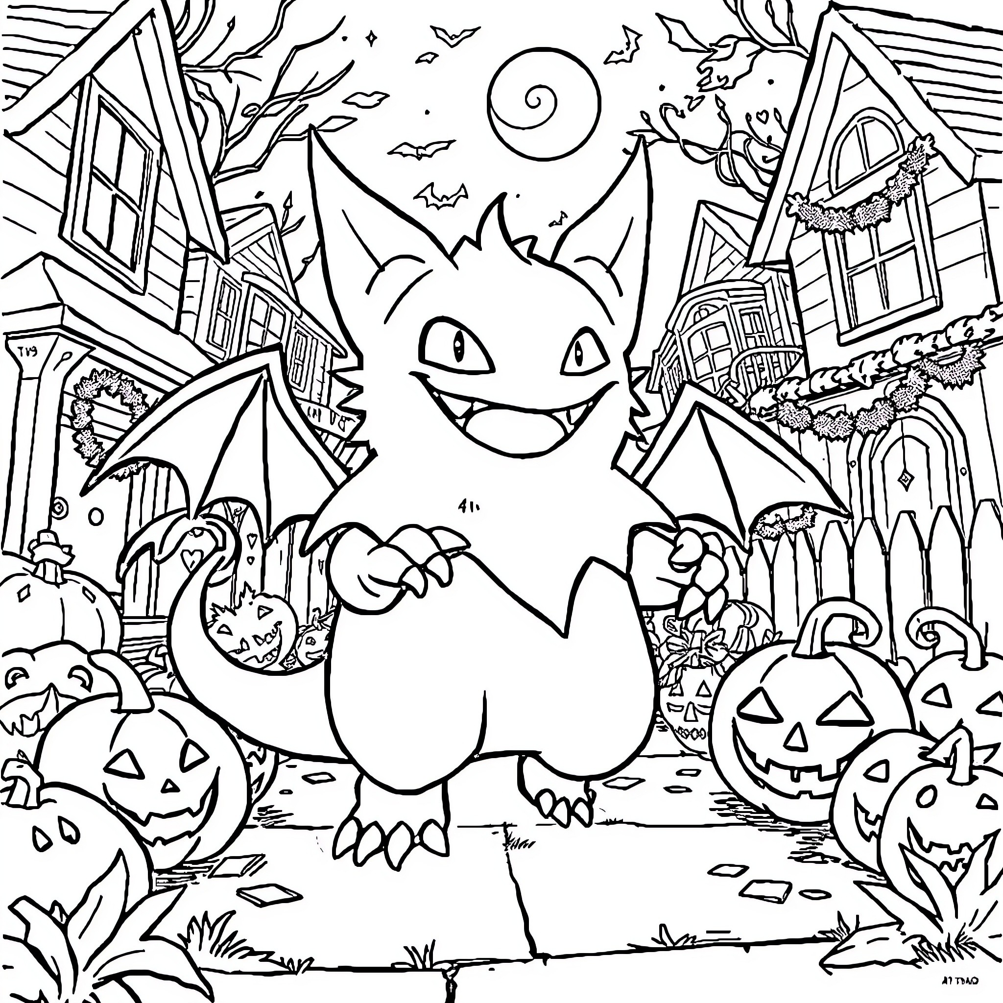 Gengar enjoying a spooky Halloween night Coloring Page (free black-and-white line drawing printable PDF for all, from beginners to advanced learners, including children, teens, adults, and seniors)