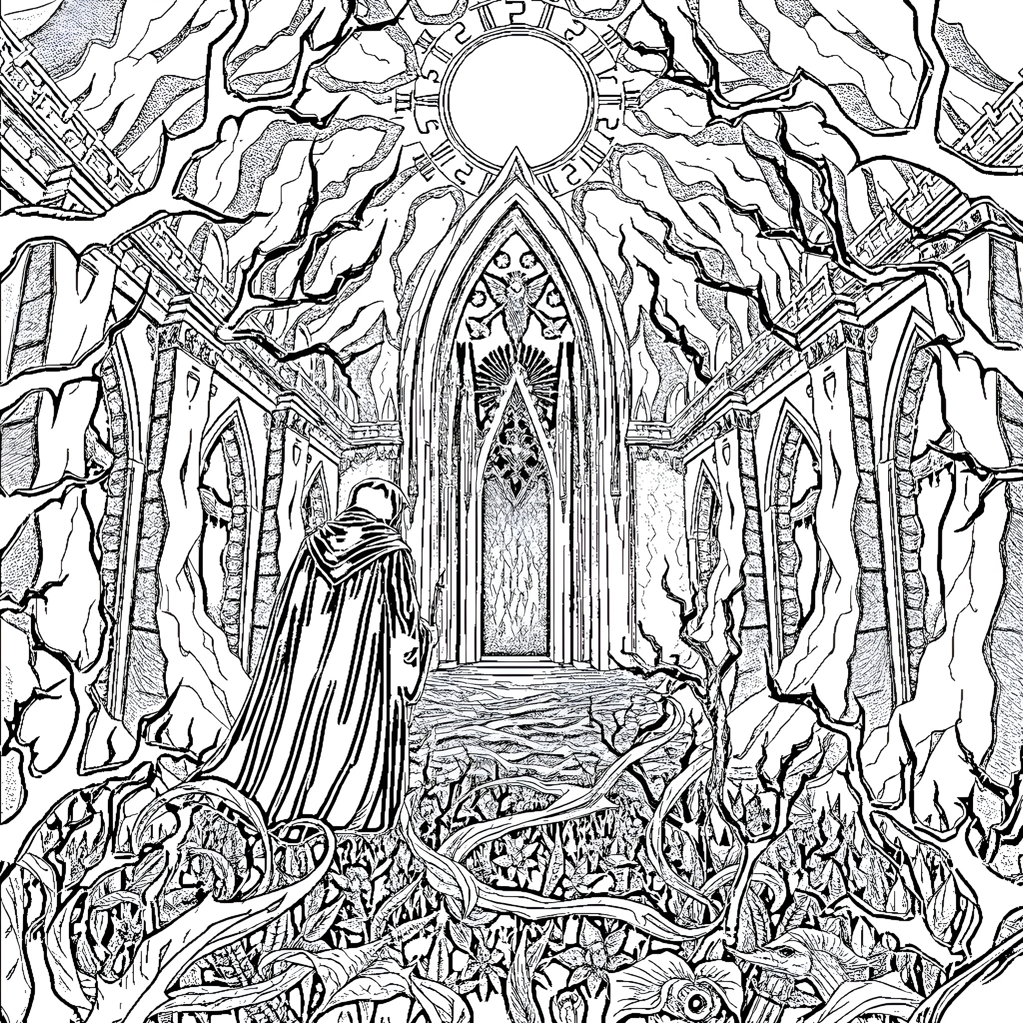 Thorn's Shrine in Enchanted Woodland Coloring Page (free black-and-white line drawing printable PDF for all, from beginners to advanced learners, including children, teens, adults, and seniors)