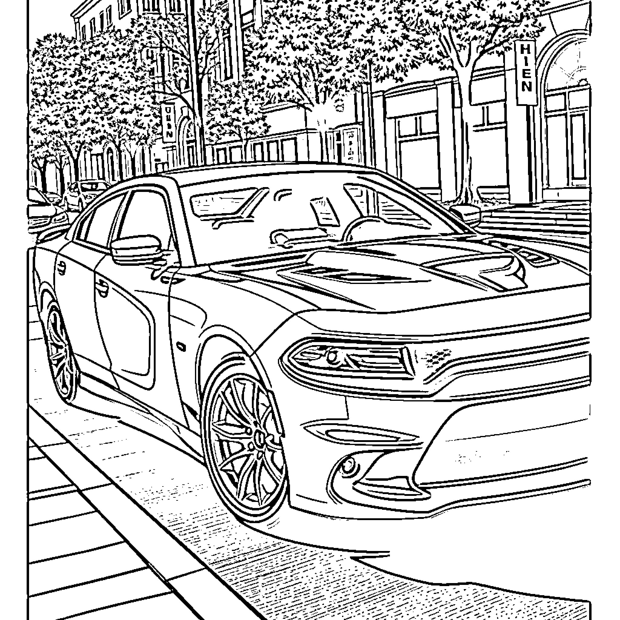Dodge Charger racing through city streets Coloring Page (free black-and-white line drawing printable PDF for all, from beginners to advanced learners, including children, teens, adults, and seniors)