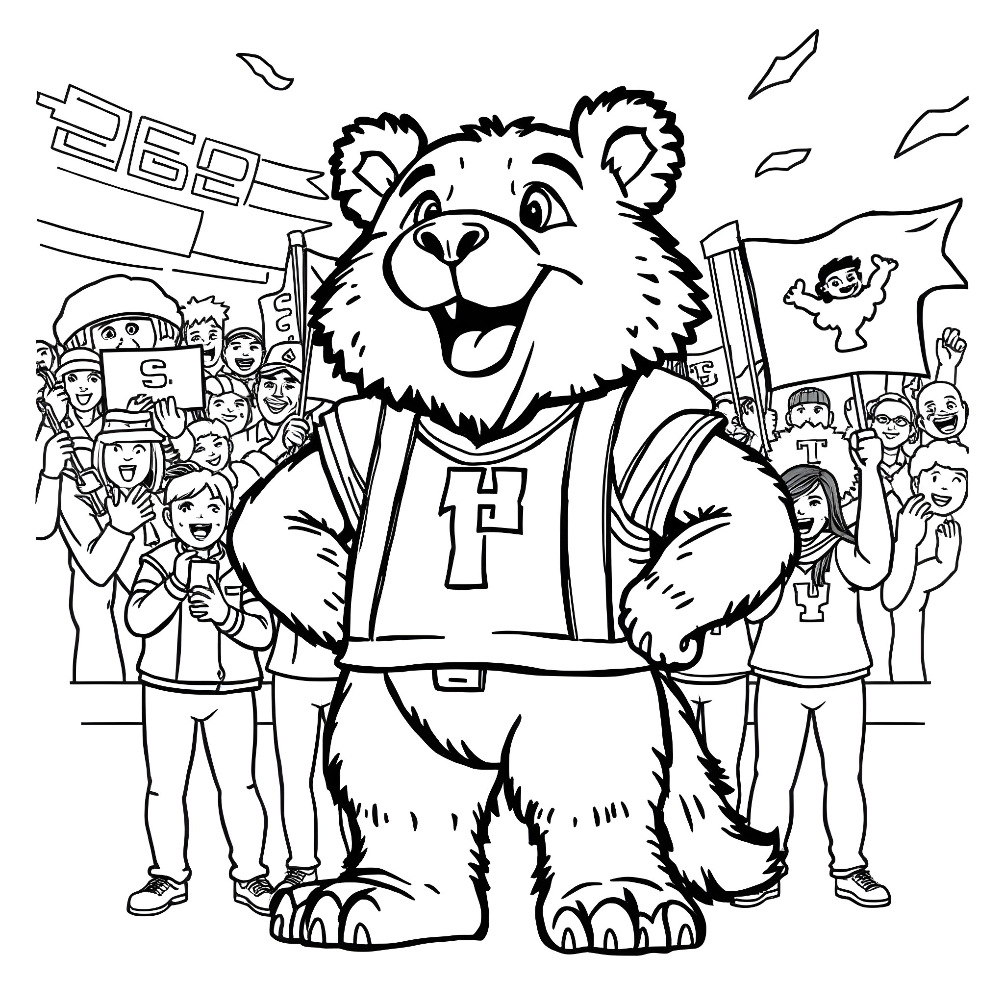 Mascot bear waving with a crowd of people Coloring Page (free black-and-white line drawing printable PDF for all, from beginners to advanced learners, including children, teens, adults, and seniors)