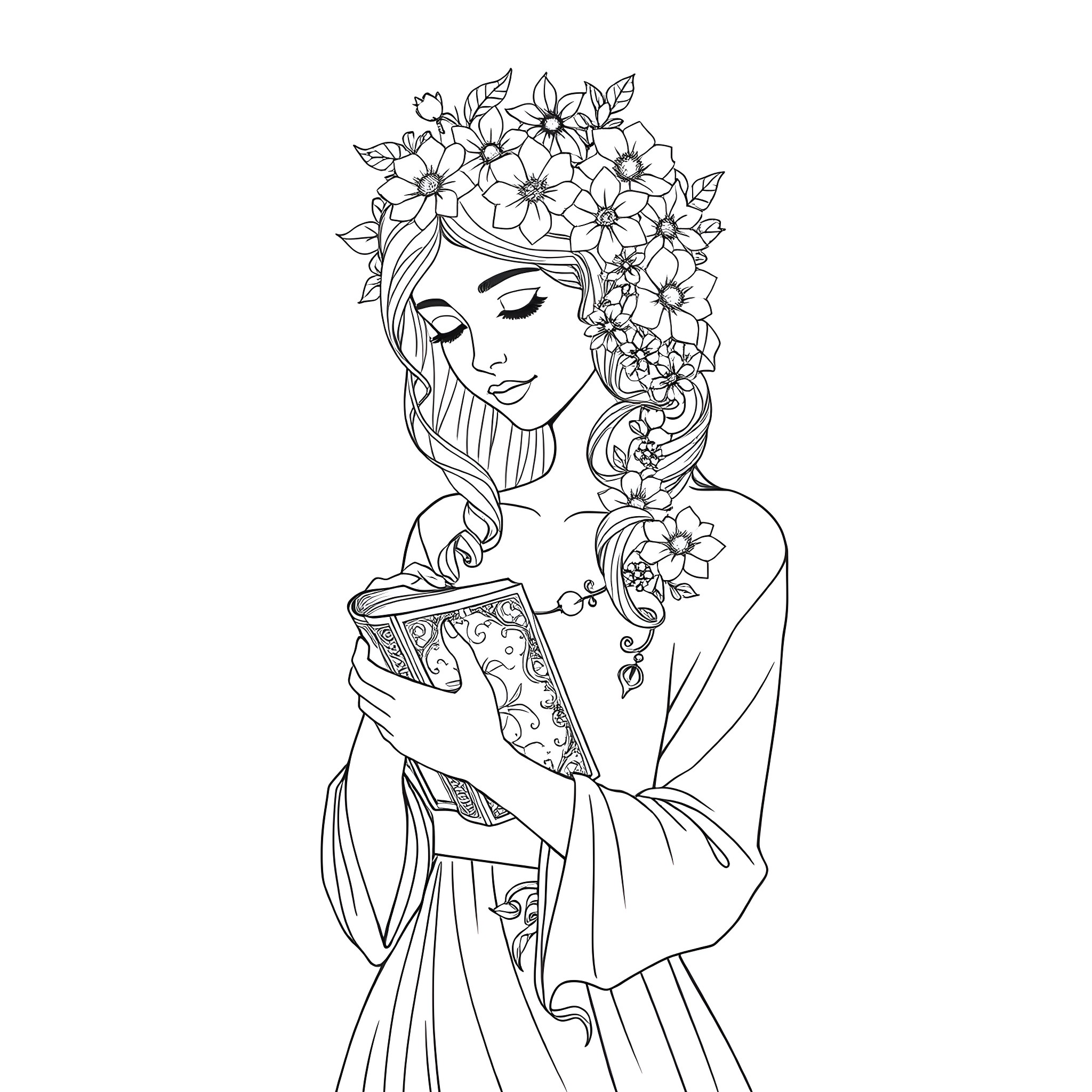 Woman with floral headpiece and a book Coloring Page (free black-and-white line drawing printable PDF for all, from beginners to advanced learners, including children, teens, adults, and seniors)