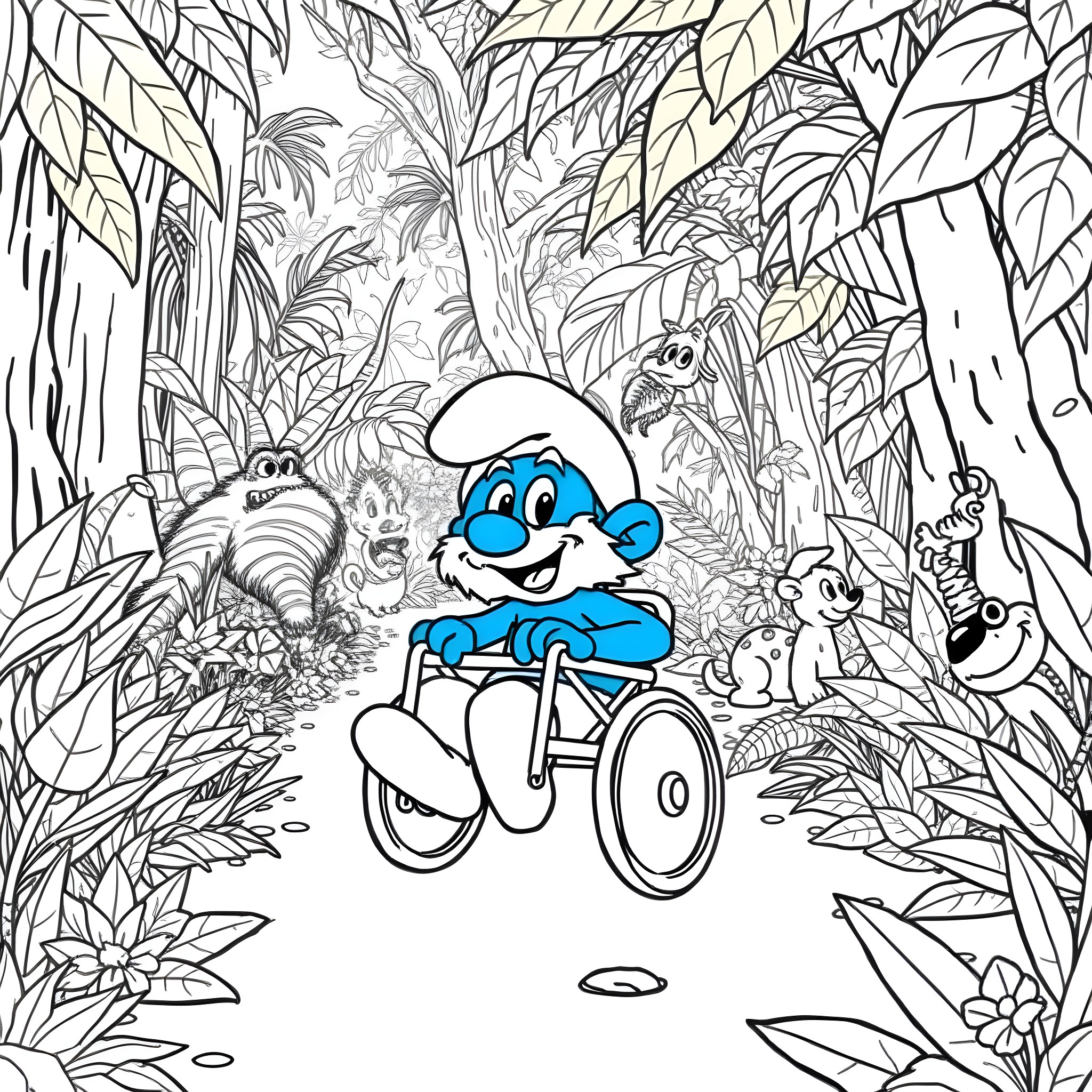 Smurf riding a bike through the enchanted forest Coloring Page (free black-and-white line drawing printable PDF for all, from beginners to advanced learners, including children, teens, adults, and seniors)