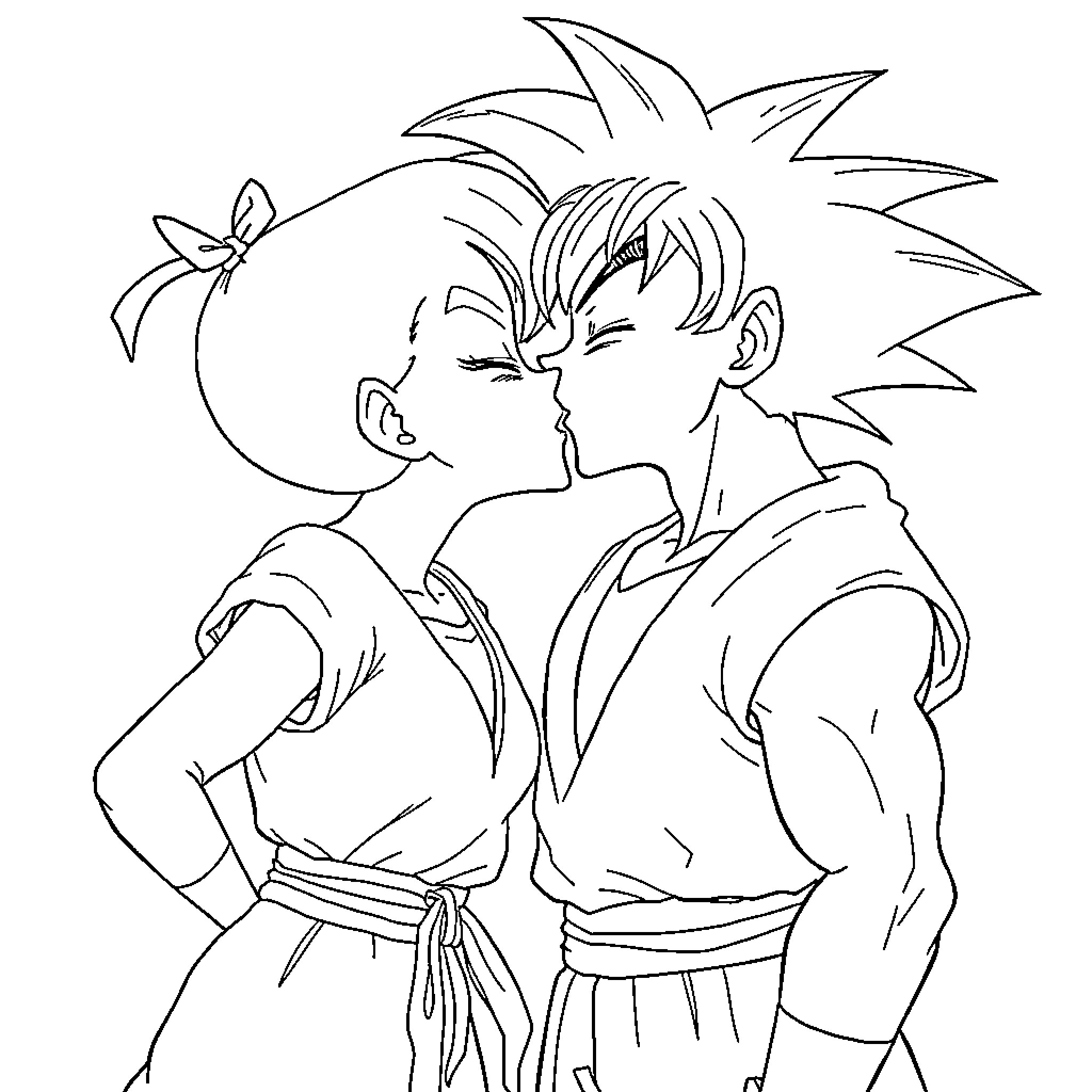 Bulma embracing a determined male character Coloring Page (free black-and-white line drawing printable PDF for all, from beginners to advanced learners, including children, teens, adults, and seniors)