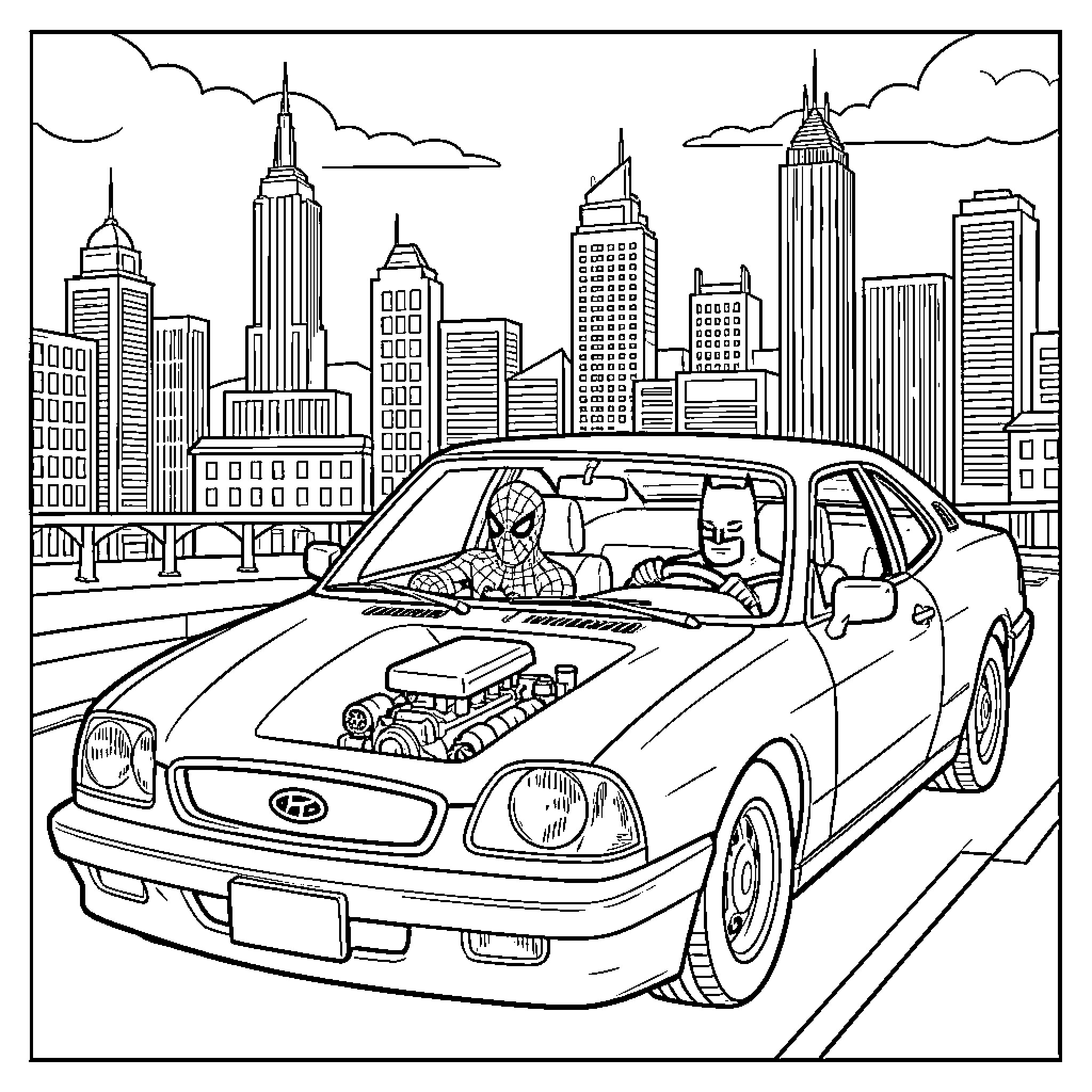 Spiderman driving a car through a city Coloring Page (free black-and-white line drawing printable PDF for all, from beginners to advanced learners, including children, teens, adults, and seniors)