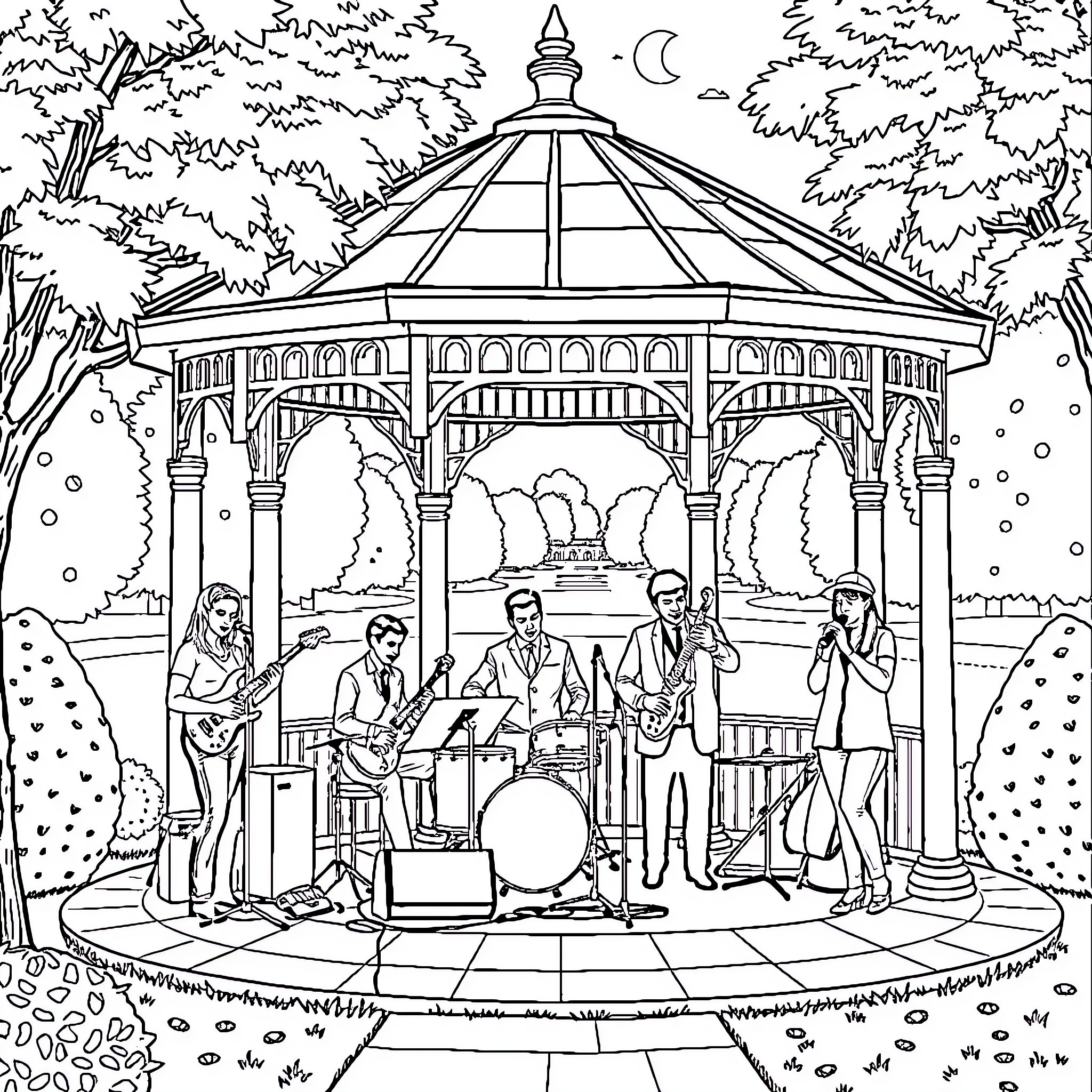 Jazz Band Performing in Outdoor Gazebo Coloring Page (free black-and-white line drawing printable PDF for all, from beginners to advanced learners, including children, teens, adults, and seniors)