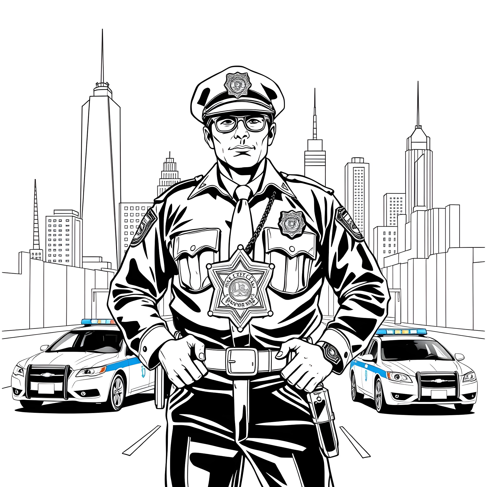 American Police Officers Patrolling the City Streets Coloring Page (free black-and-white line drawing printable PDF for all, from beginners to advanced learners, including children, teens, adults, and seniors)