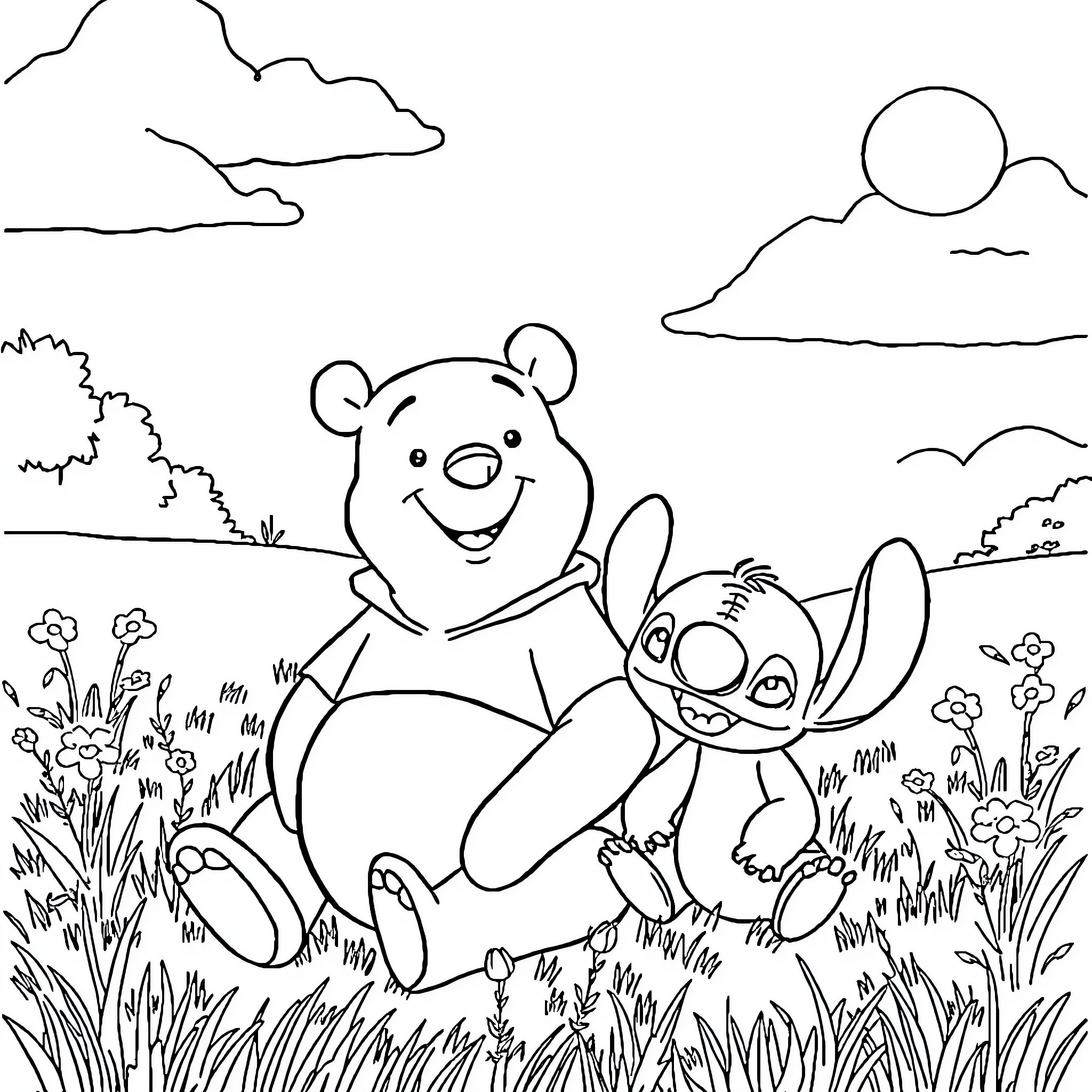 Pooh Bear and Stitch enjoying a day outdoors Coloring Page (free black-and-white line drawing printable PDF for all, from beginners to advanced learners, including children, teens, adults, and seniors)