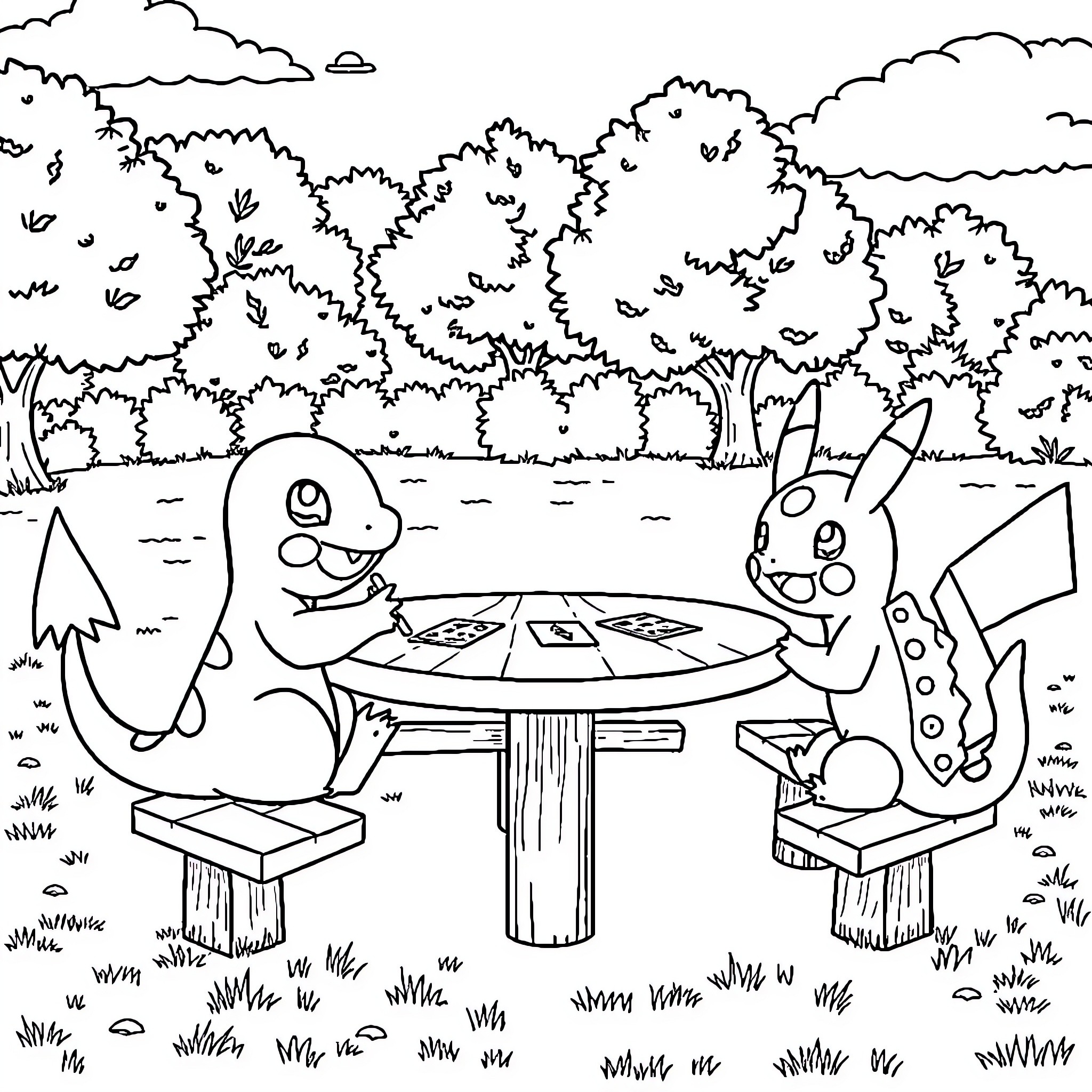 Charmander and friends enjoying a picnic in the forest Coloring Page (free black-and-white line drawing printable PDF for all, from beginners to advanced learners, including children, teens, adults, and seniors)