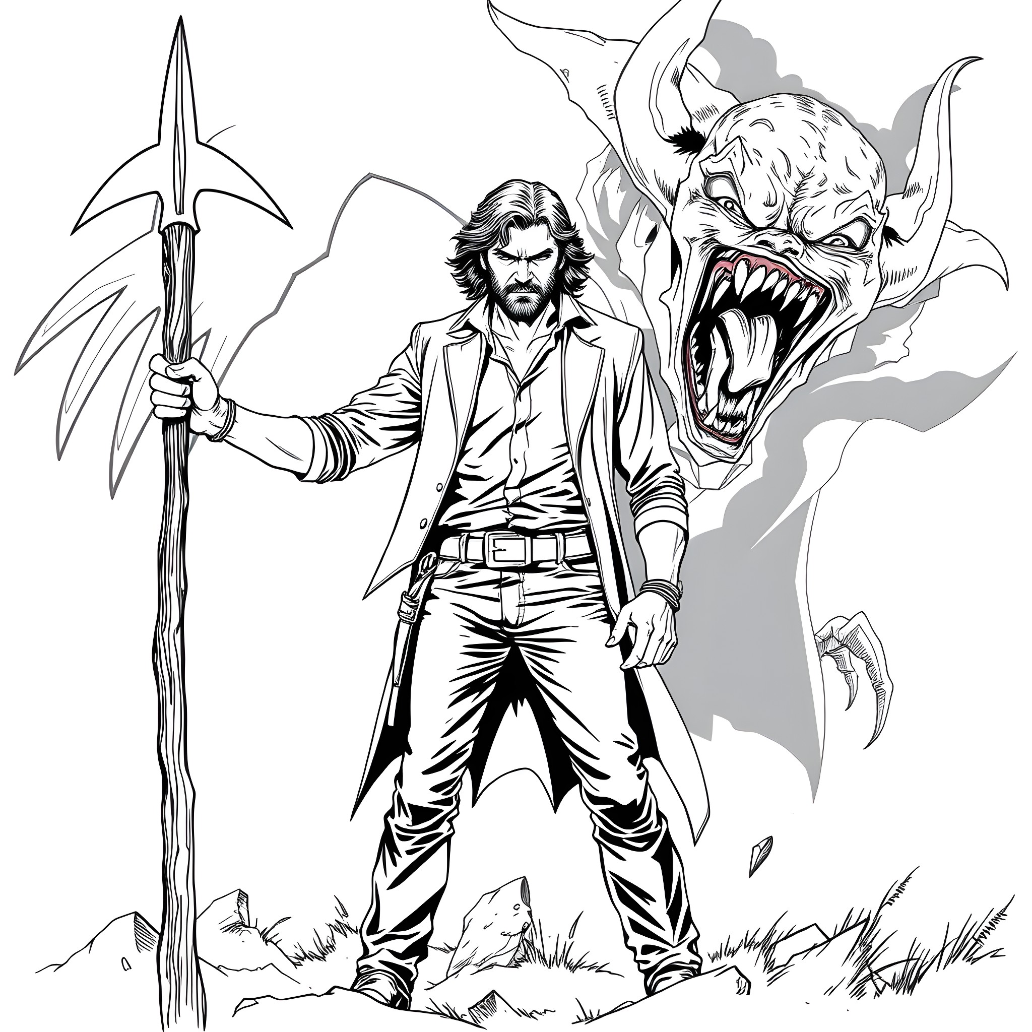 Sam Winchester battles supernatural forces with weapon Coloring Page (free black-and-white line drawing printable PDF for all, from beginners to advanced learners, including children, teens, adults, and seniors)