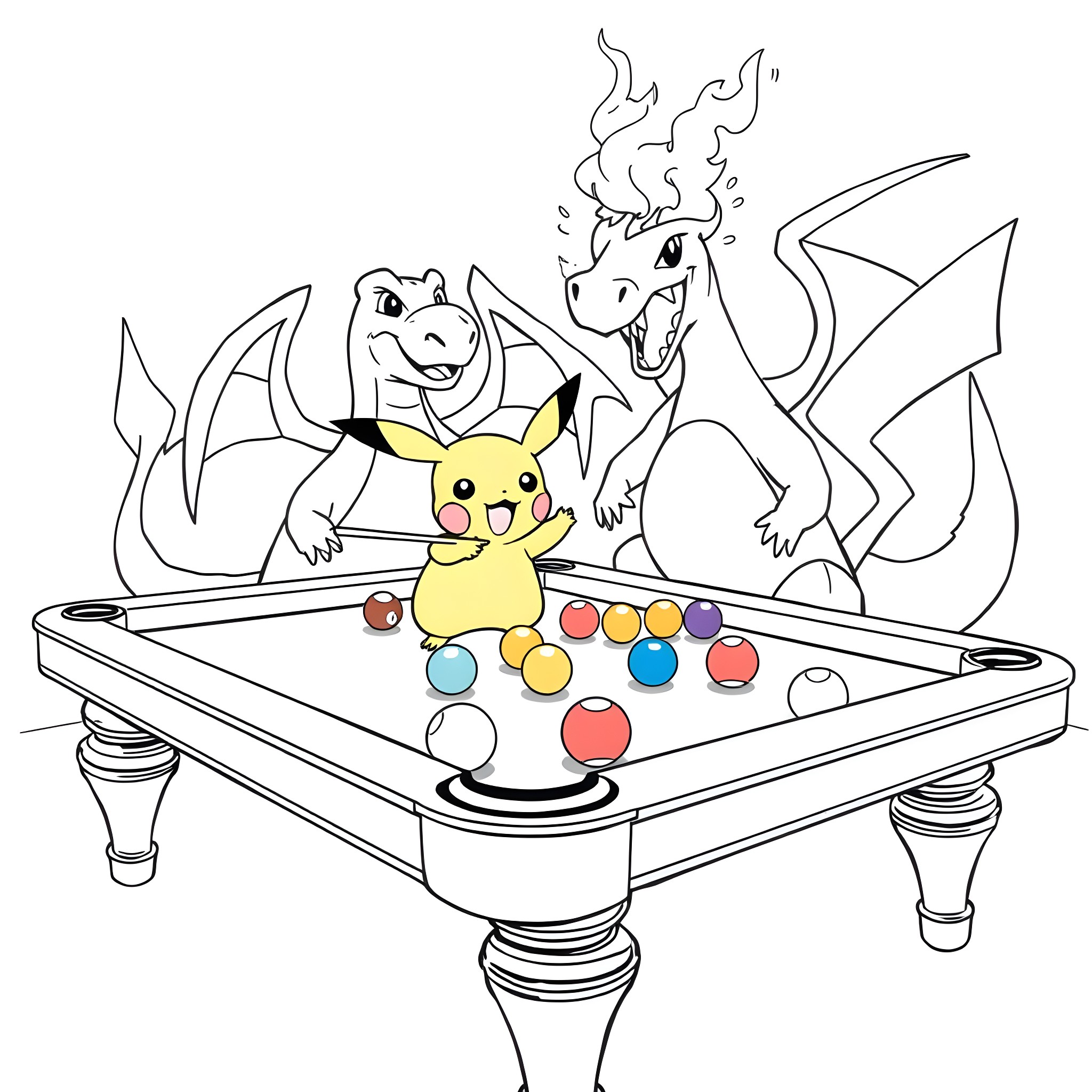 Pikachu playing pool with fire-breathing dragons Coloring Page (free black-and-white line drawing printable PDF for all, from beginners to advanced learners, including children, teens, adults, and seniors)